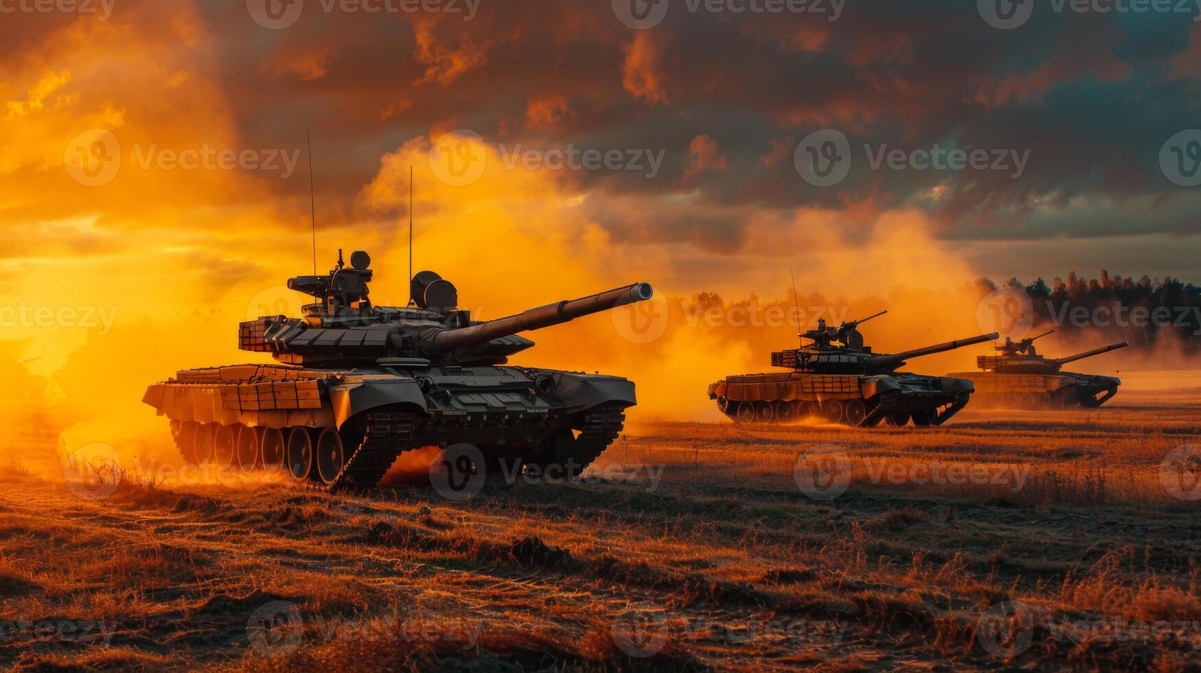 Several military tanks navigate an open field enveloped in smoke and illuminated by the warm glow of a sunset, showcasing tactical movements during a training operation. photo