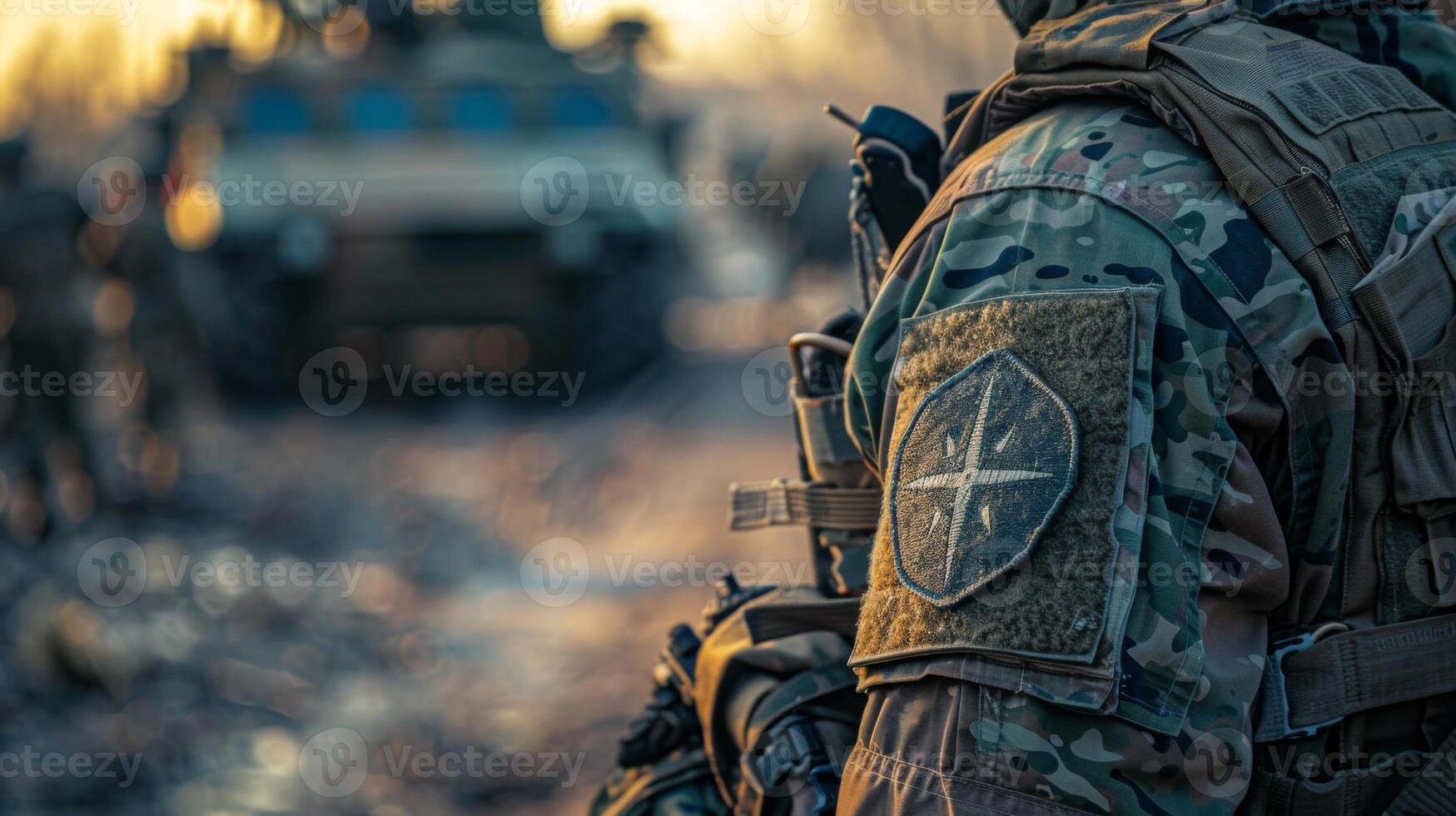 Soldiers in camouflage uniforms are preparing for operations in a conflict area. The golden hour casts a warm glow over the surroundings, highlighting their readiness and vigilance. photo