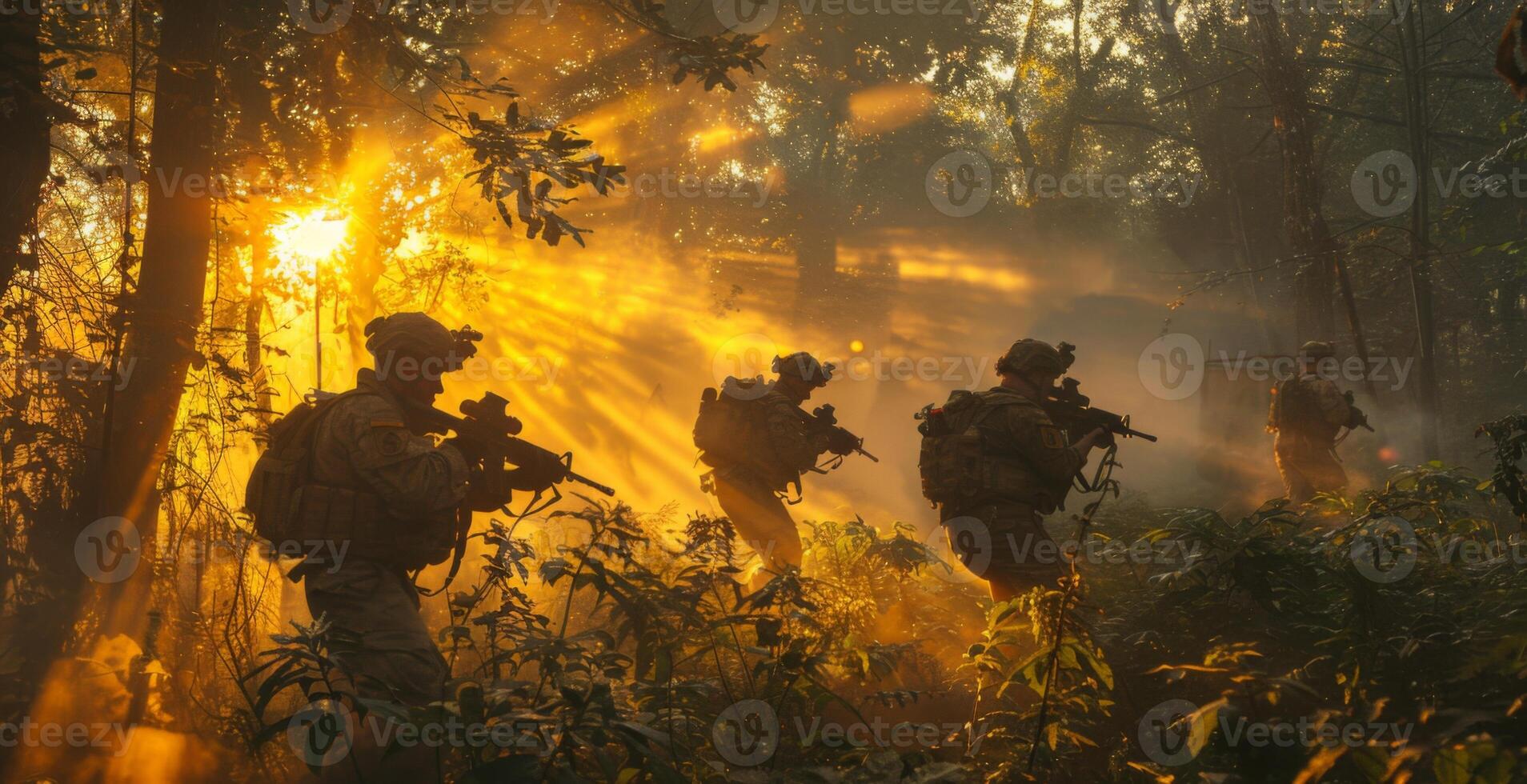Amidst the vibrant sunset, military personnel navigate through thick vegetation, displaying precision and cooperation while engaged in a training operation surrounded by nature. photo