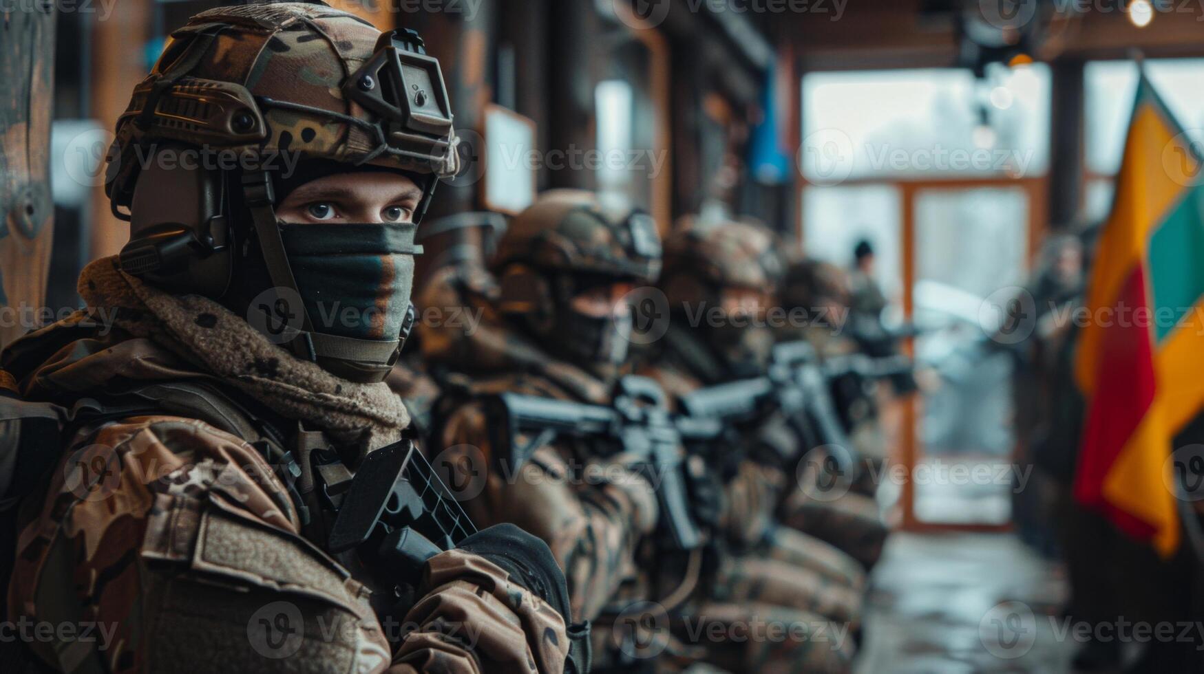 A group of soldiers in camouflage uniforms line up near the entrance, armed and alert, displaying unity and readiness in a tense environment. photo