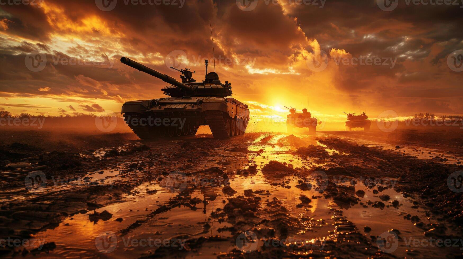 Armored tanks maneuver through muddy terrain under a striking sunset, with dramatic clouds enhancing the atmosphere, signifying a tense and historical moment. photo