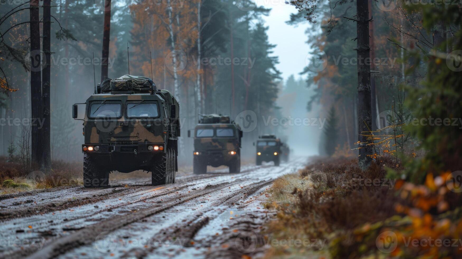 Several military trucks drive along a wet, muddy path in a dense forest, shrouded in fog, amidst vibrant autumn foliage, showcasing a training operation. photo