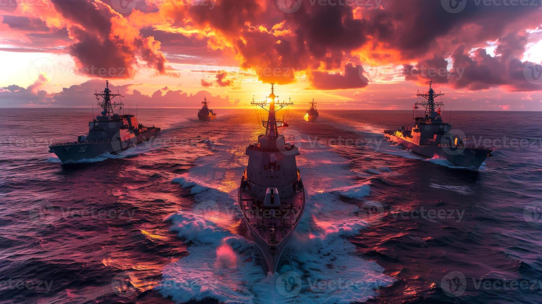 A naval fleet conducts maneuvers in the ocean at sunset, with multiple ships navigating together in formation under a colorful sky, demonstrating teamwork and naval capabilities. photo
