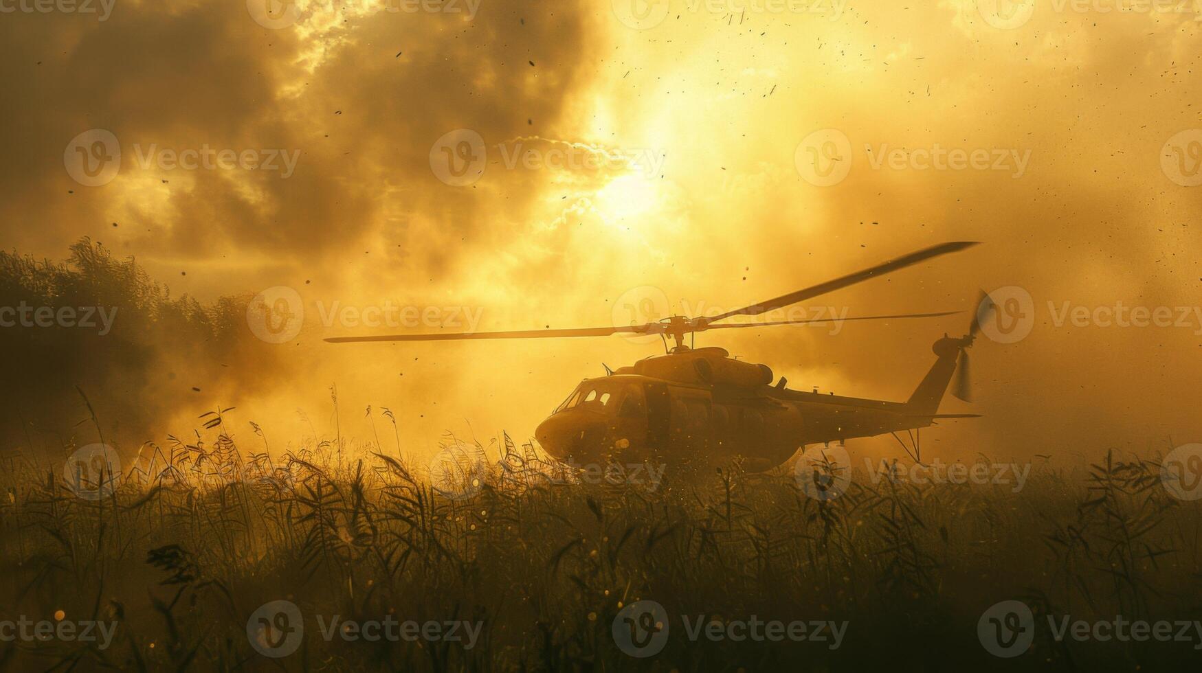 A helicopter maneuvers against a vibrant orange sky as sunlight filters through mist rising from a grassy field during a dramatic sunset. photo