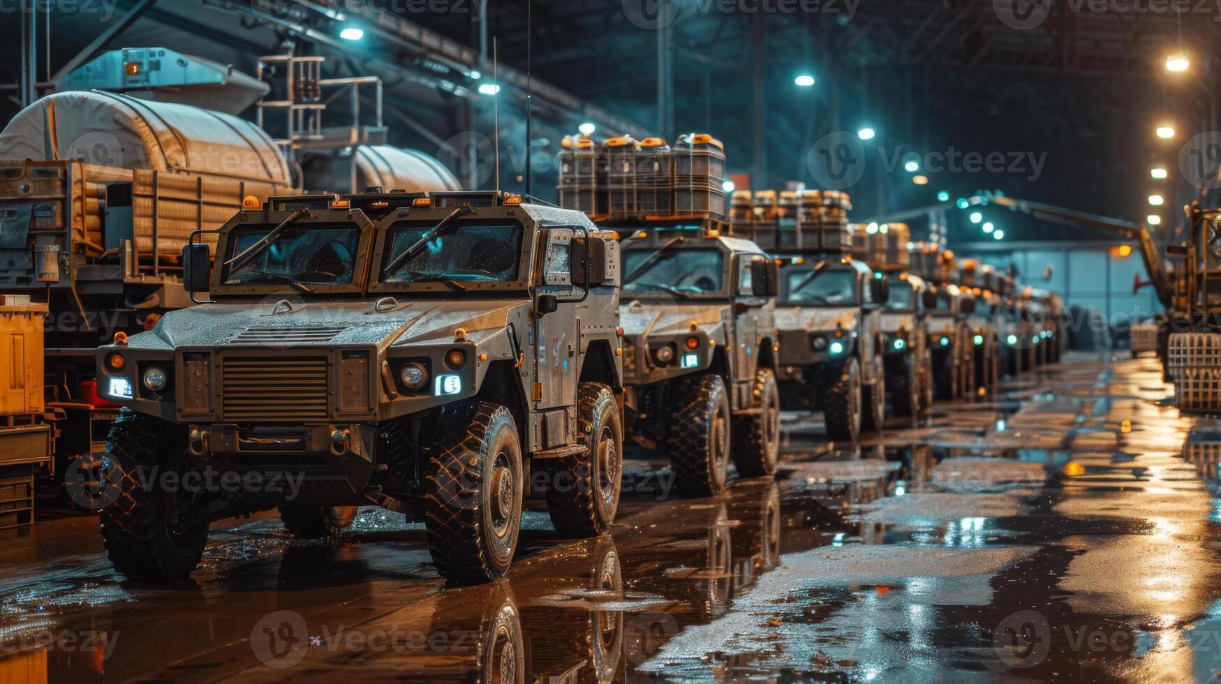 Armored military vehicles are arranged in neat rows inside a spacious warehouse. The environment is illuminated by overhead lights, creating reflections on the wet concrete floor. photo