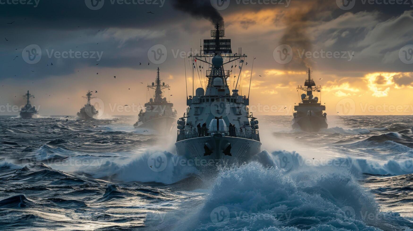 A naval fleet navigates challenging seas, with warships cutting through waves as dark clouds hover and the sunset casts a dramatic glow on the horizon, highlighting the power of the military. photo
