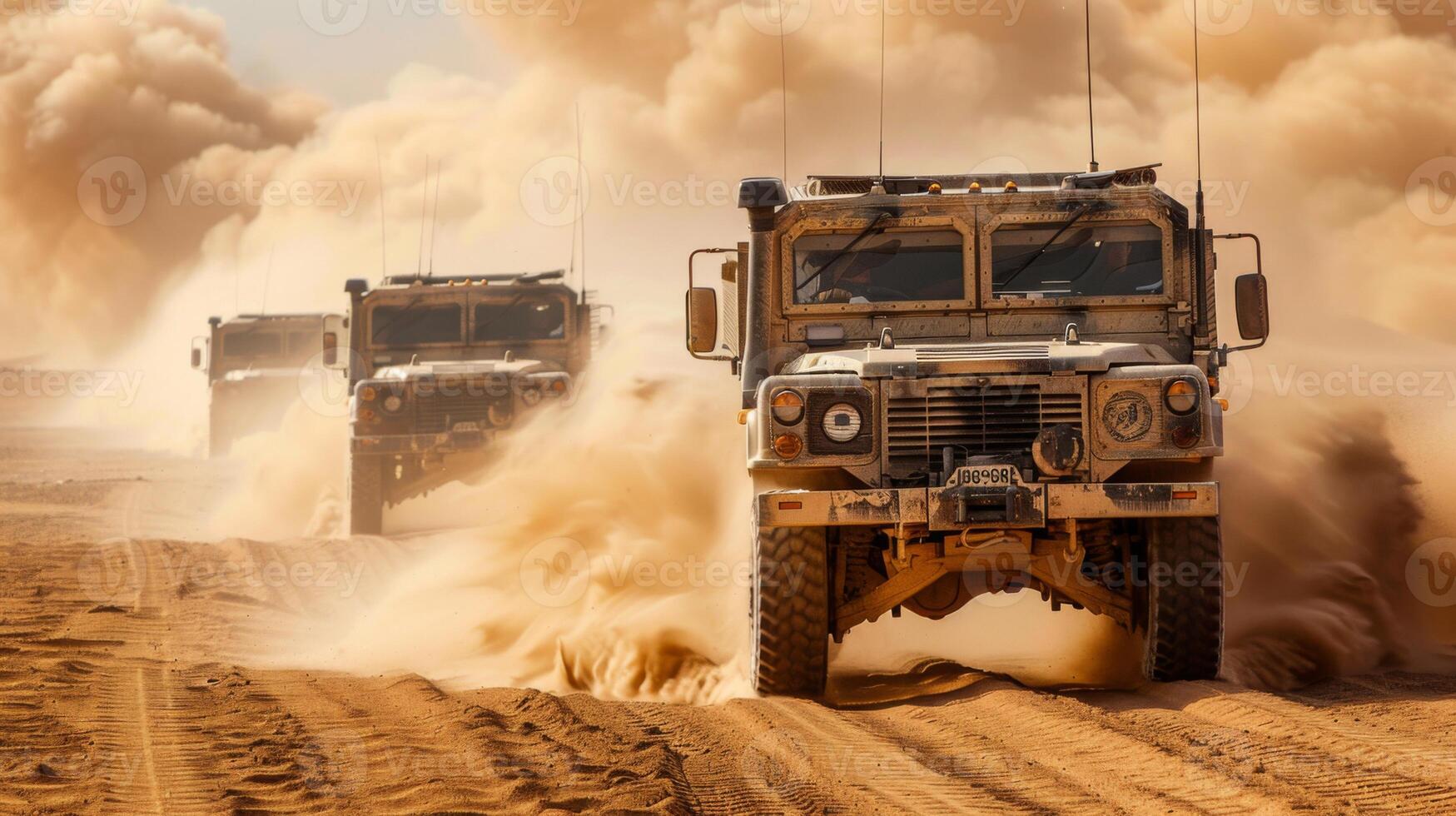 A convoy of military vehicles traverses a dusty landscape as strong winds create clouds of sand. The scene highlights determination and resilience in challenging conditions. photo