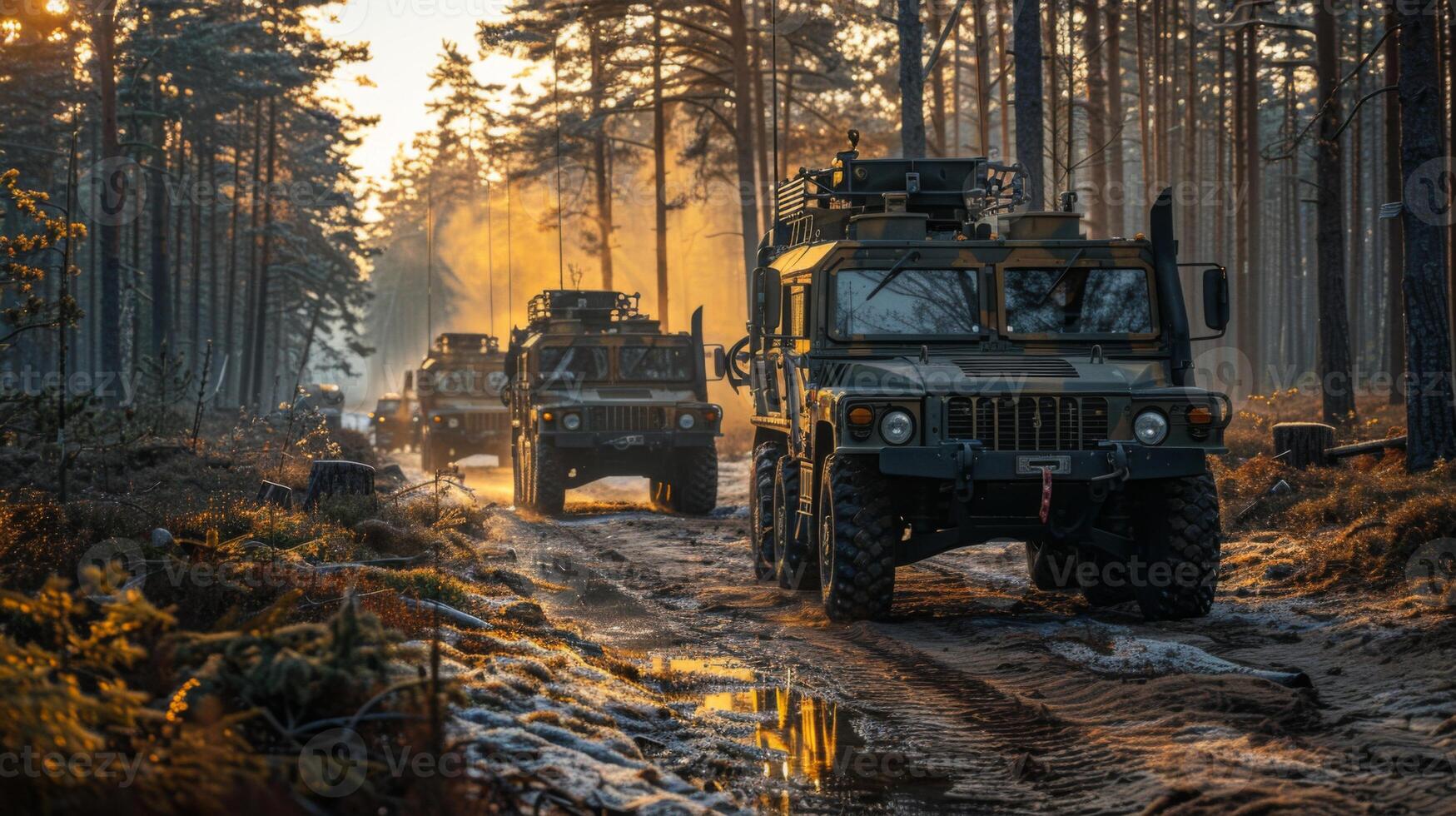 A convoy of military vehicles travels along a muddy forest trail at dawn. Sunlight filters through tall trees, illuminating the mist and creating a dramatic landscape. photo