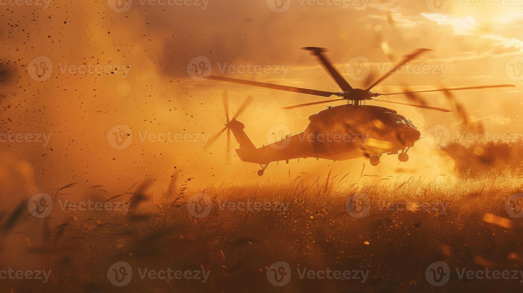 A helicopter hovers above a field as smoke and dust billow around it, creating an atmospheric view during a vibrant sunset with warm colors in the sky. photo