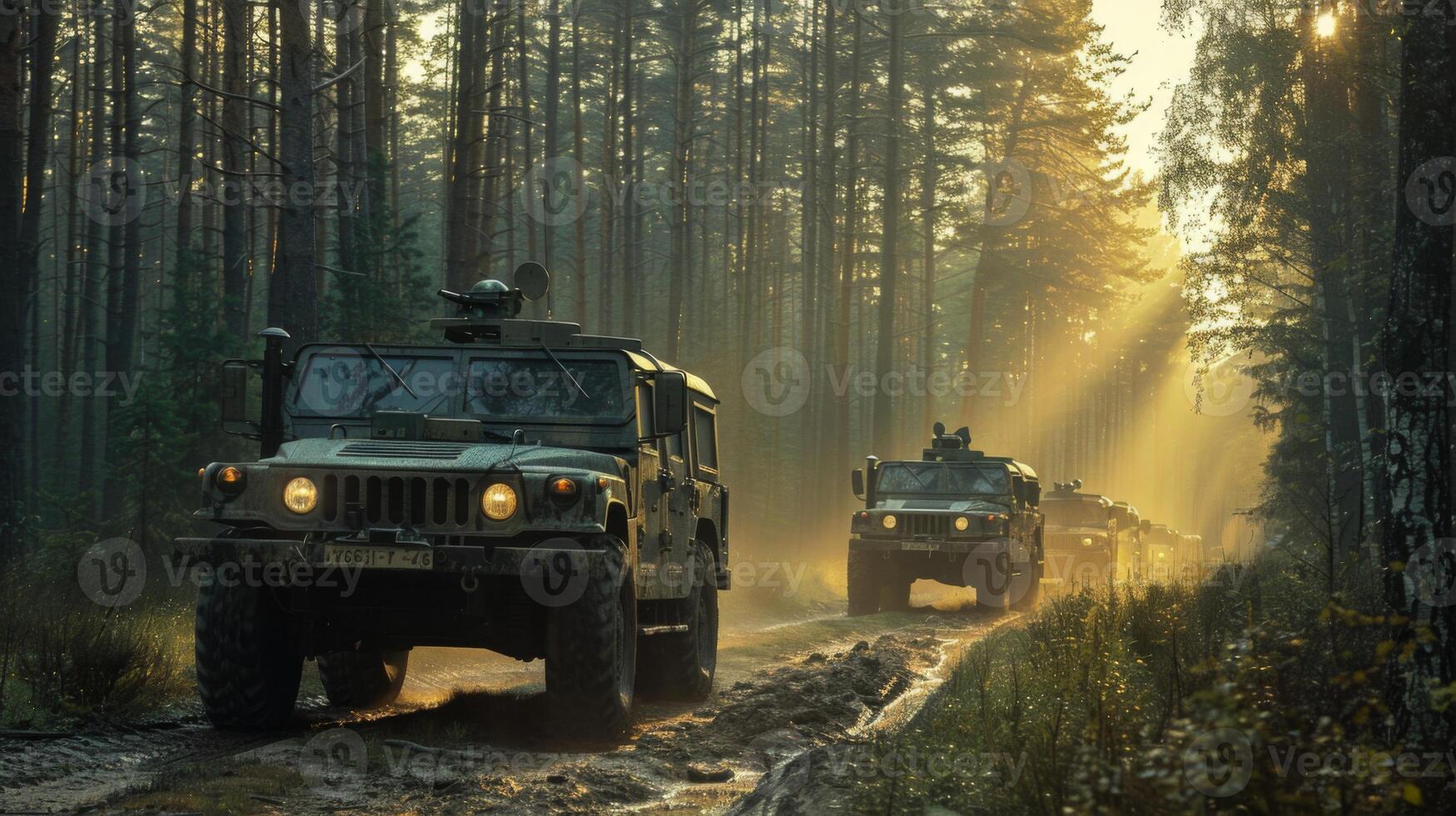 Military transport vehicles move along a muddy path in a dense forest, rays of sunshine streaming through tall trees, creating a tranquil yet dynamic atmosphere. photo