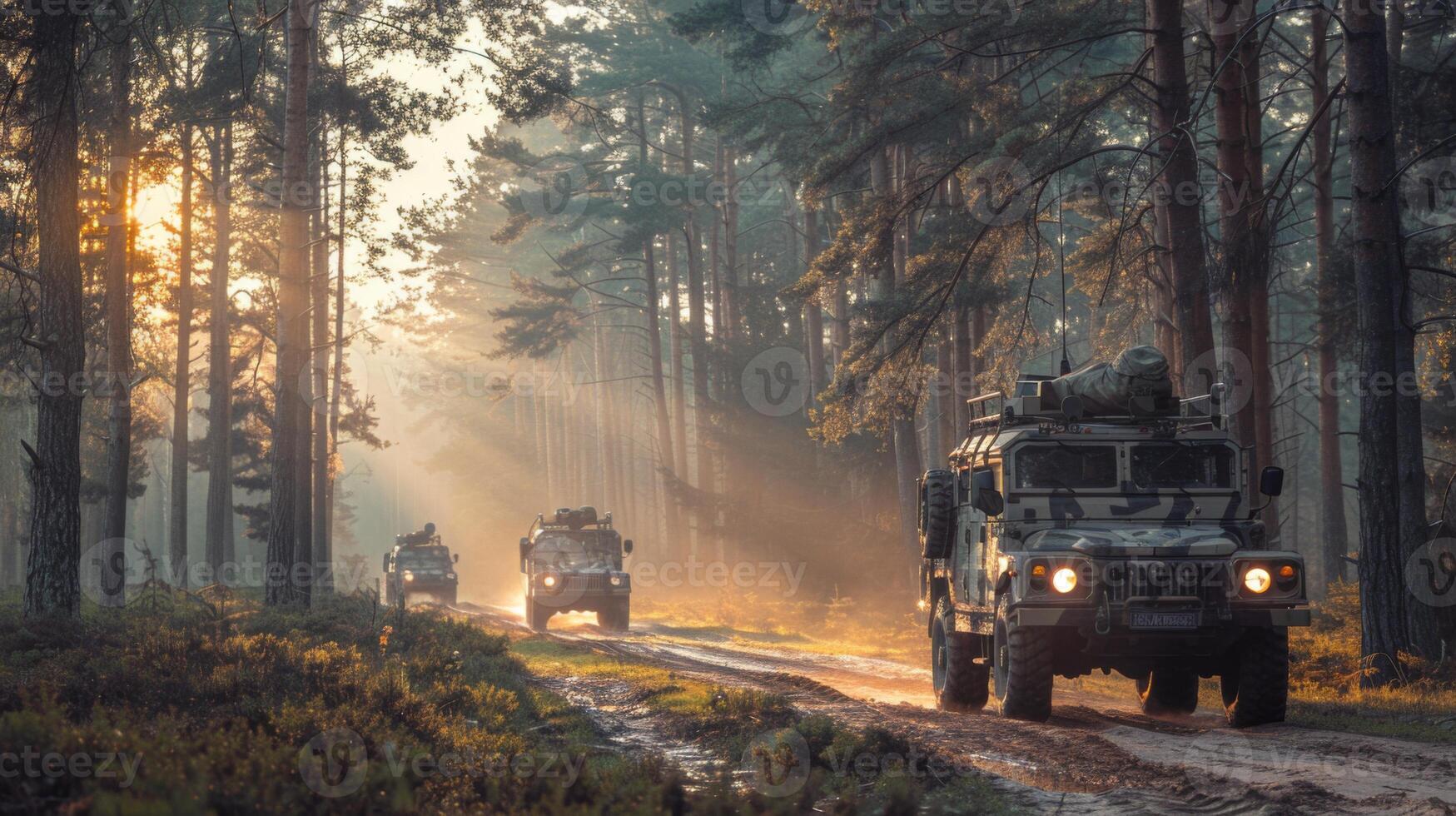 A convoy of military vehicles moves along a dirt road in a forest at dawn, with rays of sunlight filtering through the trees, illuminating the tranquil scenery. photo