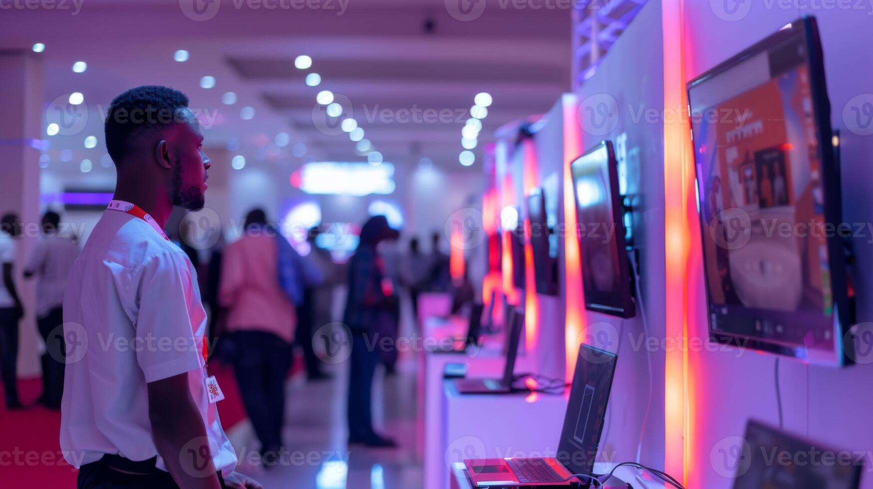 A young man stands captivated by various technology displays featuring monitors and laptops at a crowded tech exhibition. photo