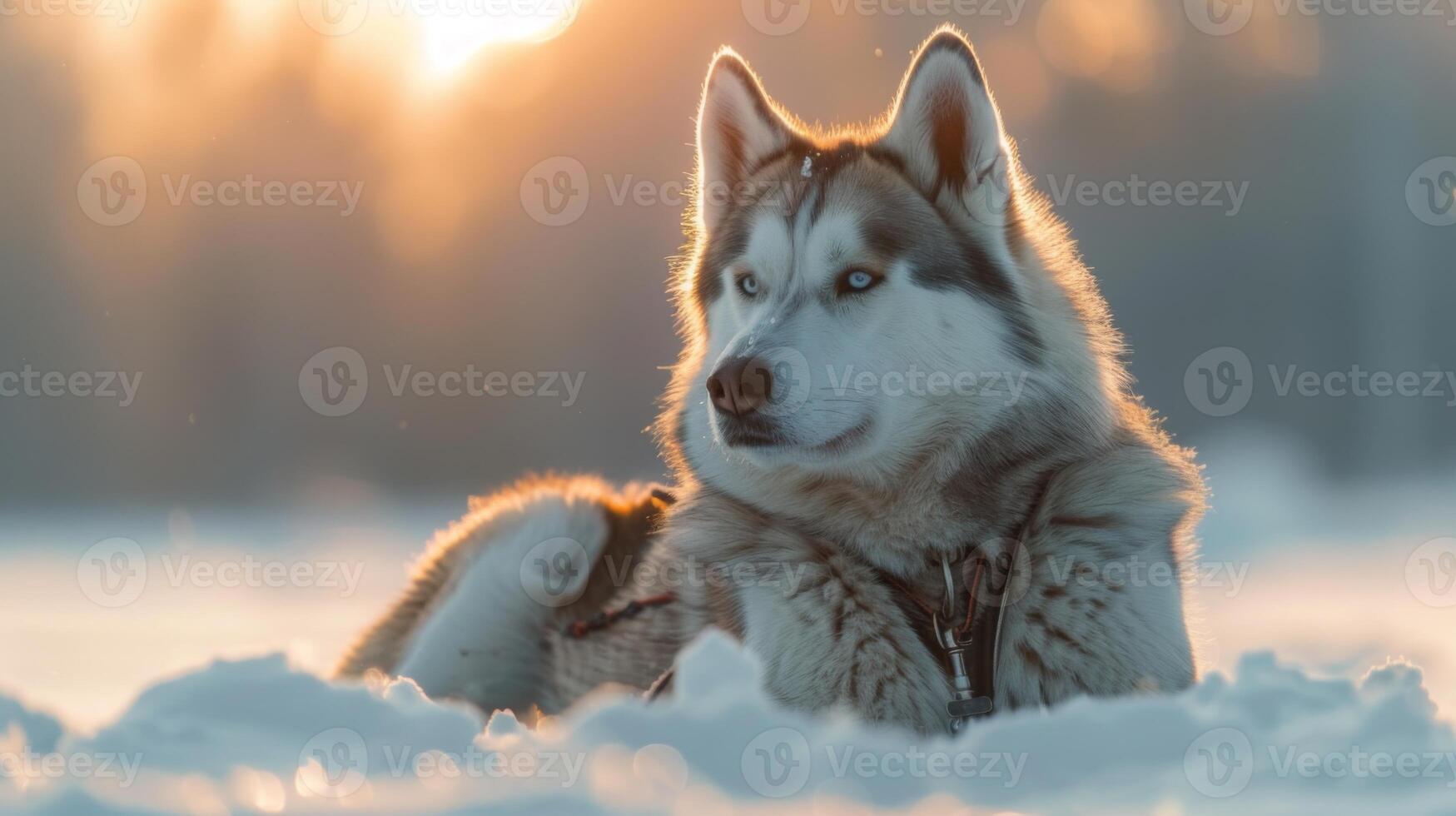 A Siberian husky lies comfortably in snow, absorbing the warmth of the sunset. The cold winter environment creates a peaceful backdrop for this moment of tranquility. photo