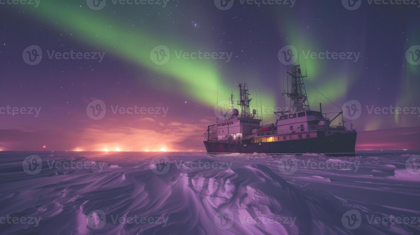 A research vessel stands still in icy waters of the Arctic, surrounded by snow and illuminated by vibrant northern lights in the night sky. The scene captures the beauty and serenity of nature. photo