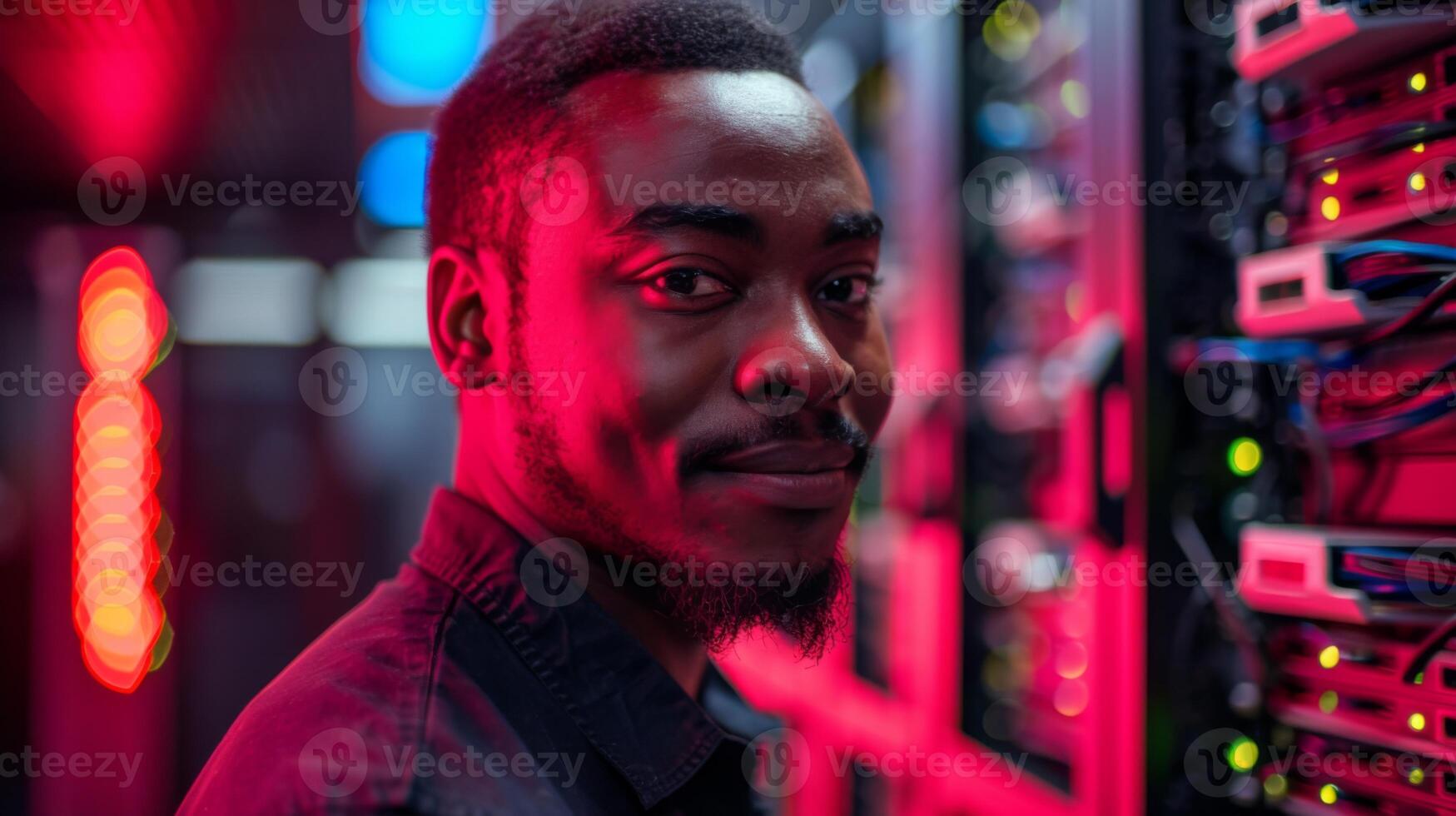 A young man smiles while standing next to high tech server racks illuminated by colorful LED lights, showcasing a modern data center environment during the evening. photo