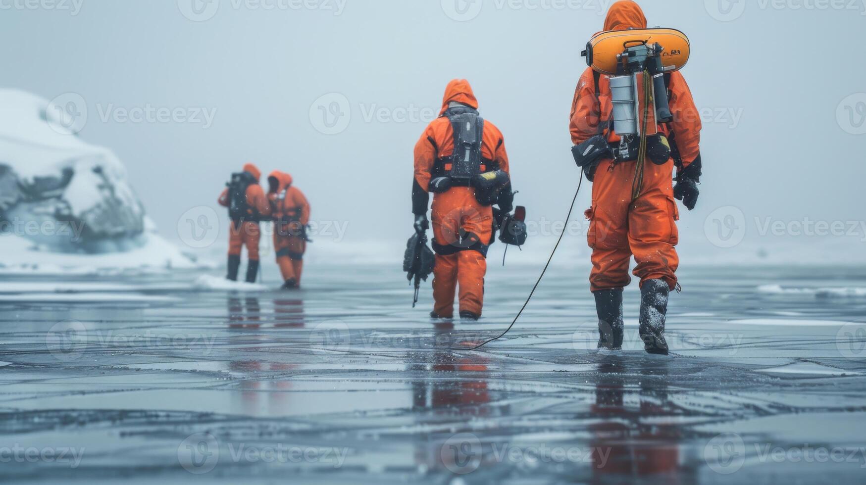 Scientists in bright orange suits walk across a frozen landscape, utilizing equipment for research and data collection in a remote polar area on a cold morning. photo