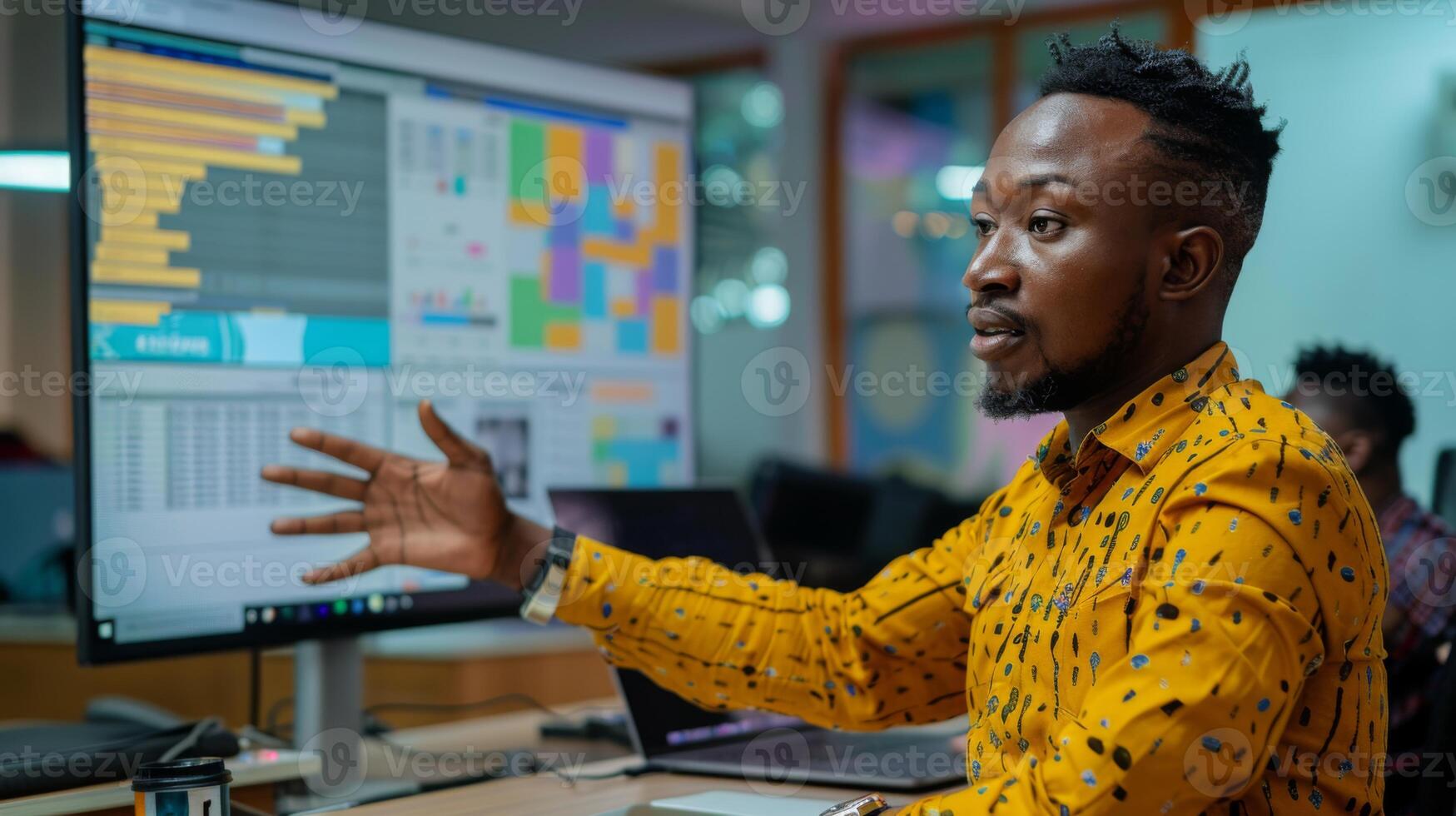 A professional man in a yellow shirt is actively explaining data insights during a team meeting in a contemporary office with large displays showing analysis. photo