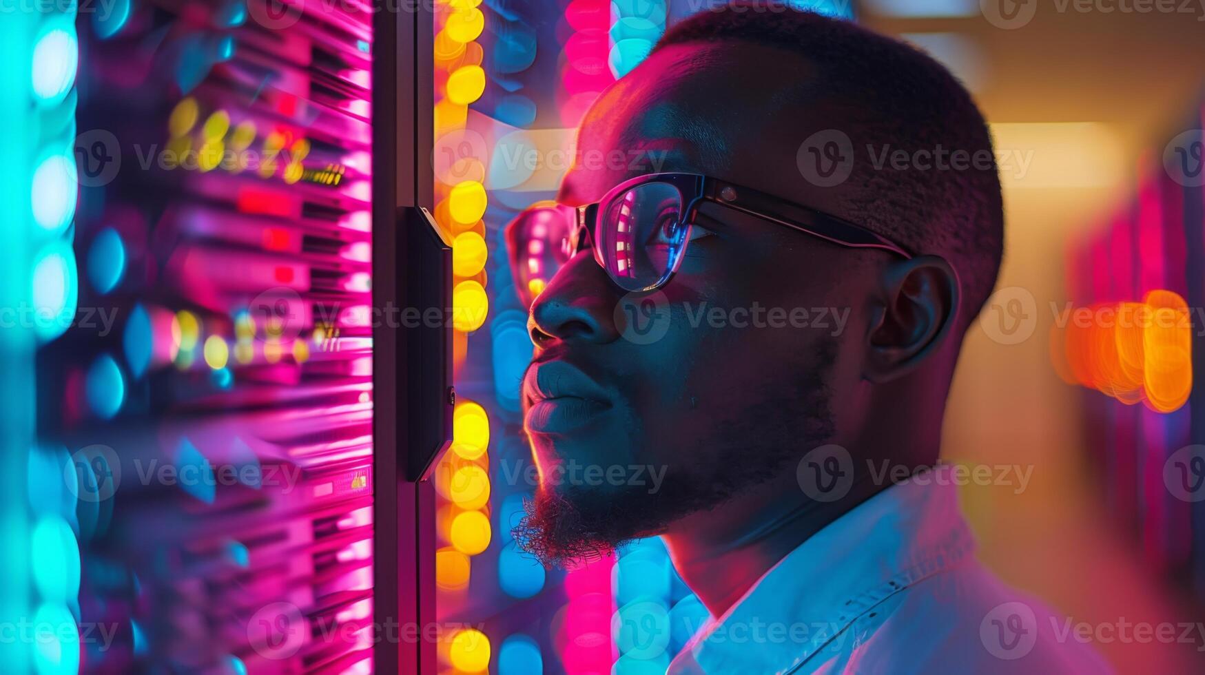 A man wearing glasses observes a server rack illuminated by vibrant lights, showcasing a blend of technology and innovation in a modern data center environment. photo