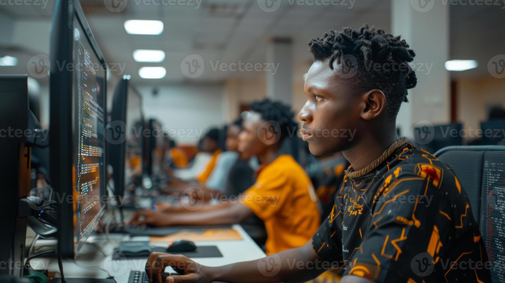 A group of young students focuses intently on computer screens, developing coding skills with a mix of excitement and determination in a modern lab setting. photo