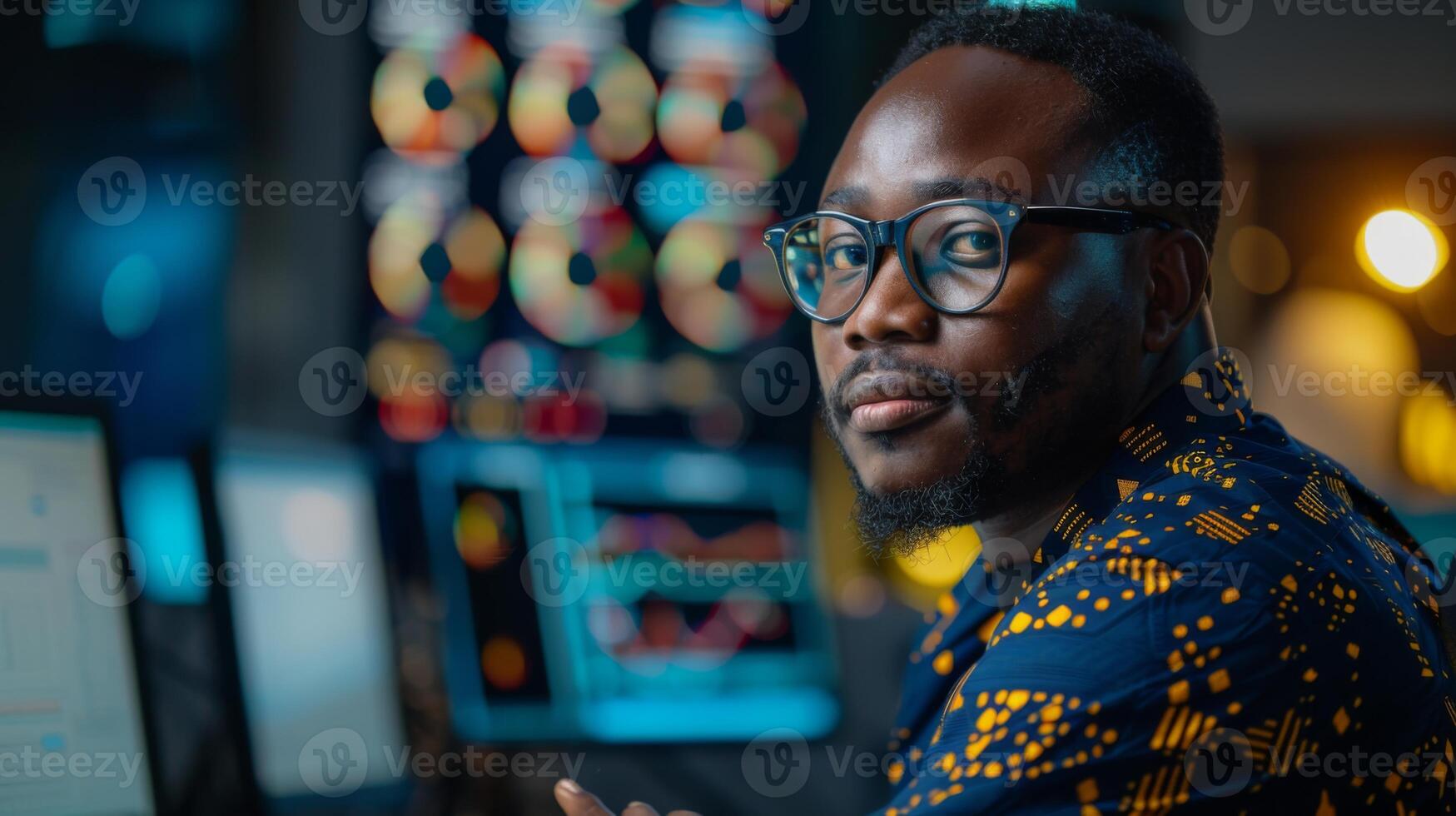 A data analyst engages with multiple digital screens displaying various charts and graphs, analyzing data trends in a contemporary office environment illuminated by soft lighting. photo