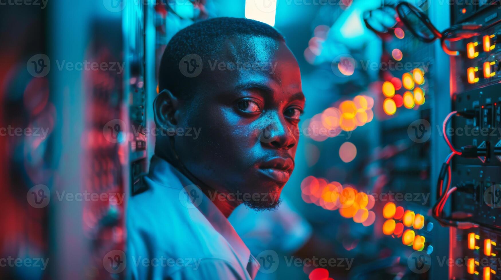 A young man focused on his task is positioned between high tech servers, illuminated by vibrant lights in an urban technology lab during evening hours. photo