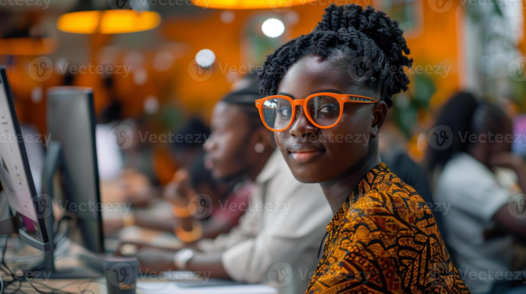A woman wearing stylish orange glasses smiles confidently while working in a lively co working space filled with focused individuals at their computers. photo