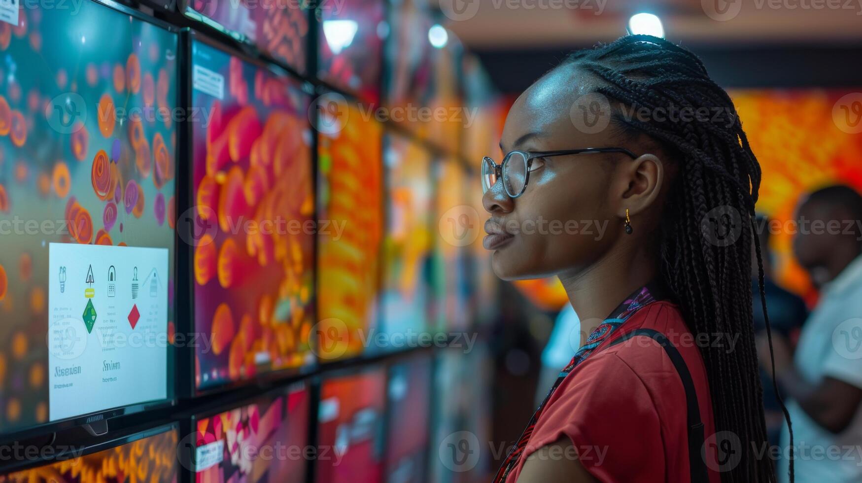 A woman with braided hair observes colorful digital artworks at an exhibition in a cultural gallery. The atmosphere is lively as attendees admire the displays. photo