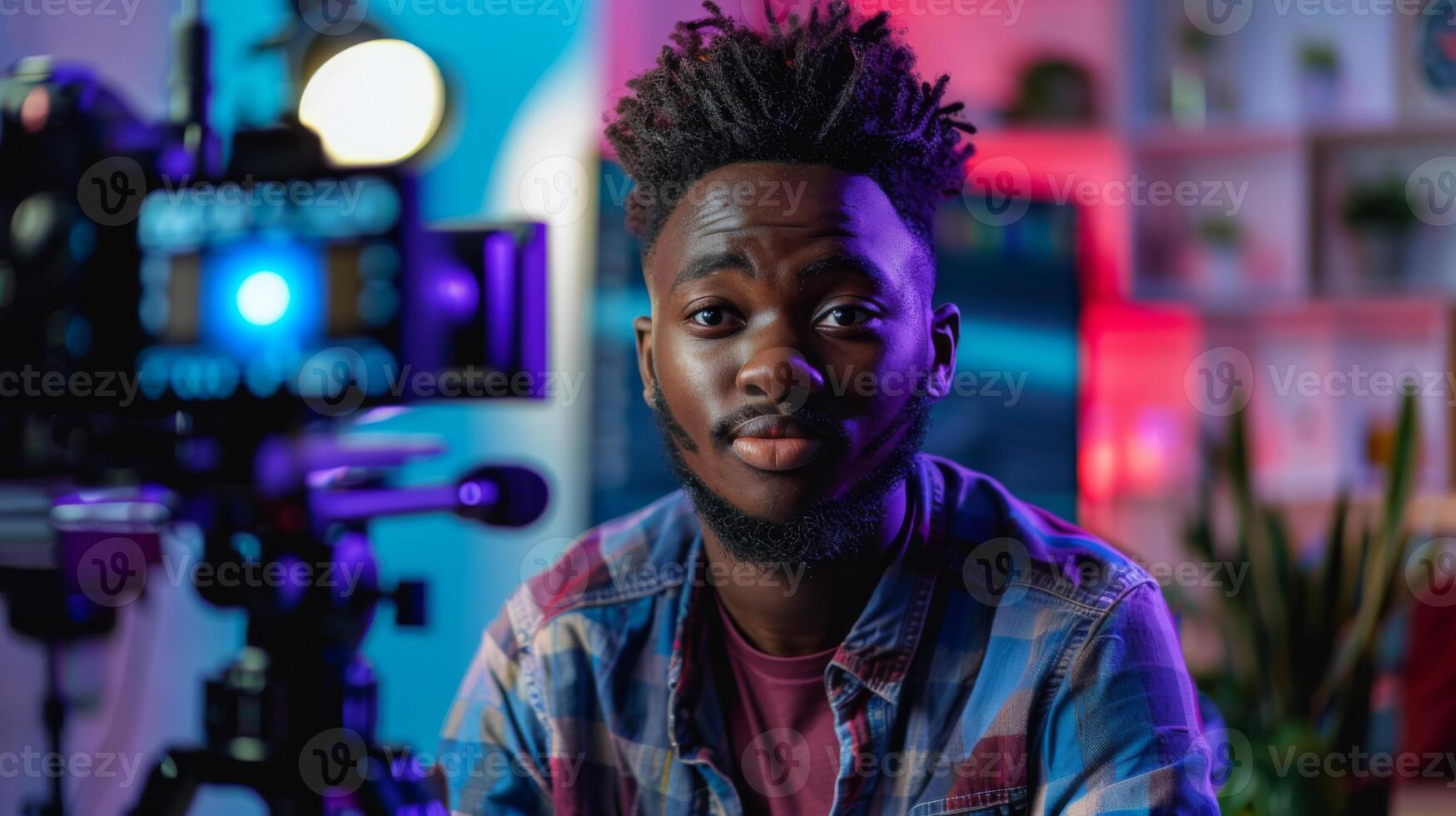 A young filmmaker sits confidently in front of a camera in a vibrant studio, showcasing bright lights and decorative plants, ready to shoot creative content. photo