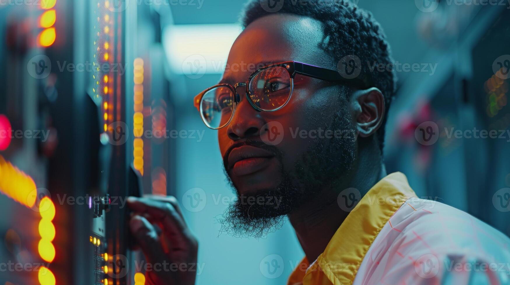 A technician is intently observing a control panel filled with glowing lights and switches. The workspace is illuminated in hues of blue and orange, creating a vibrant atmosphere during the evening. photo