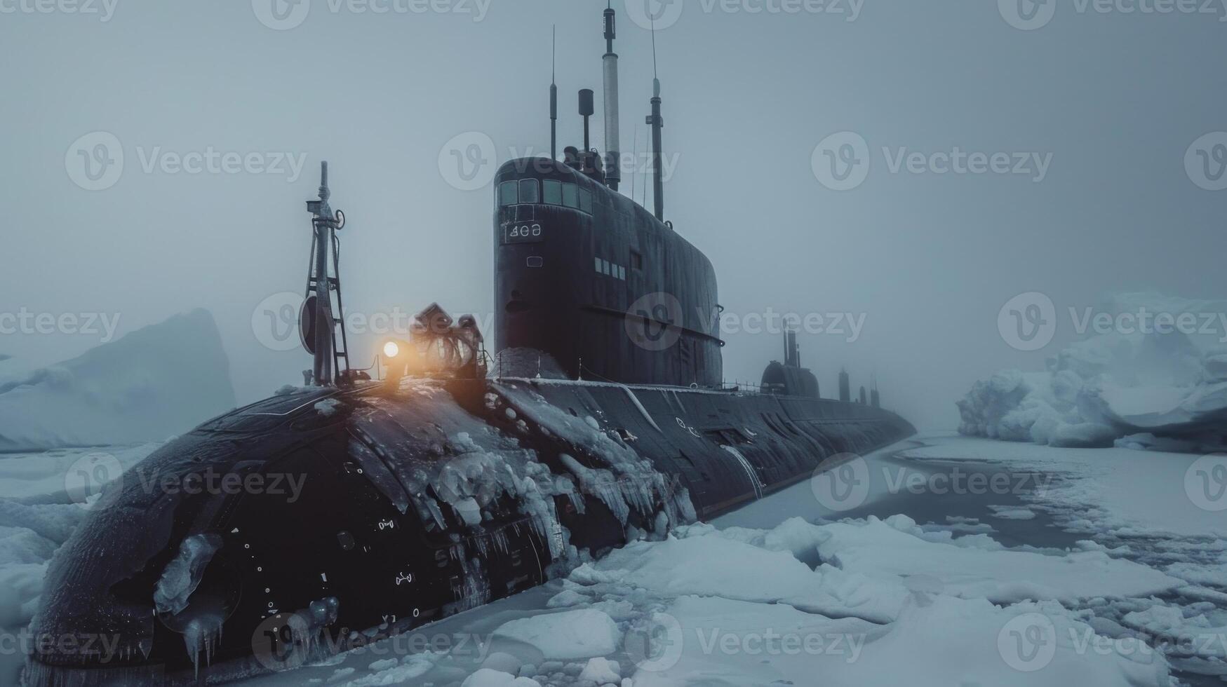 Crew members on a submarine are gearing up to explore icy waters in a foggy Arctic environment. Ice covers the surface, creating a challenging atmosphere for navigation. photo