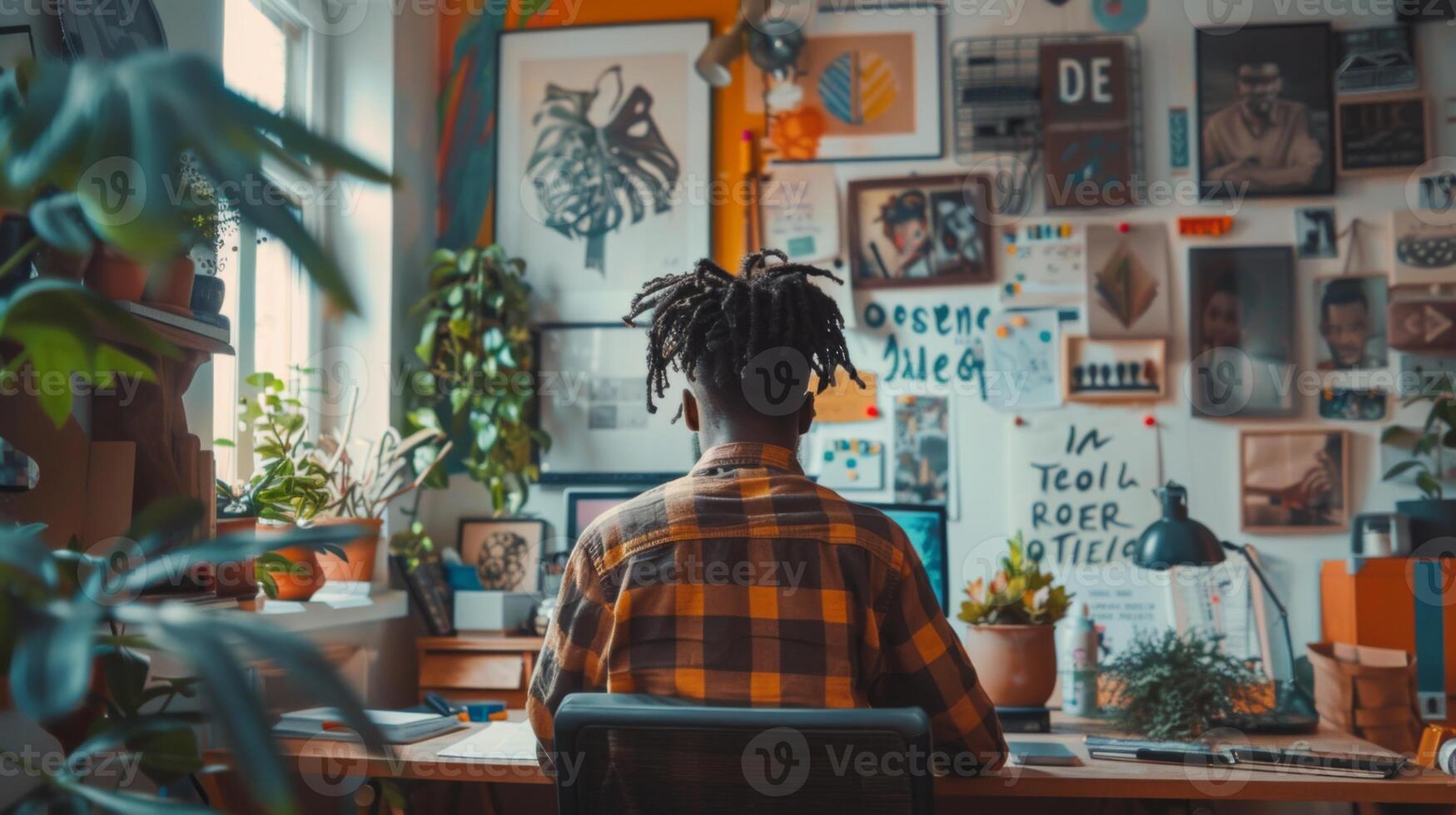 Individual is focused on creative tasks in a vibrant workspace adorned with plants and various artworks, illuminated by natural light streaming through the window. photo
