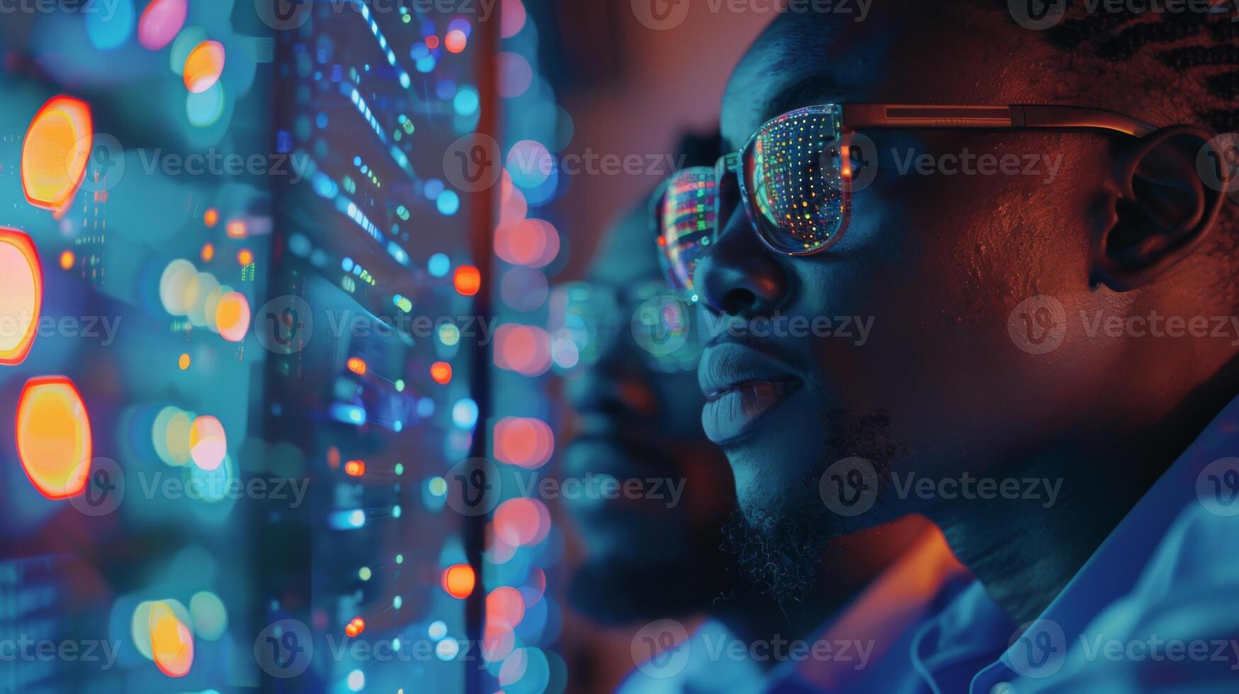Two tech professionals intently examine data displayed on screens illuminated with vibrant lights during a late night work session at a contemporary office. photo
