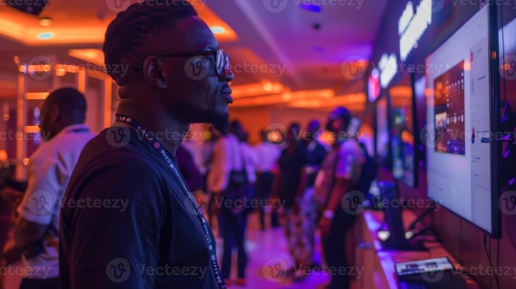 A man stands closely to technology screens in a vibrant exhibition space filled with colorful lighting while various attendees network and interact with displays in the background photo