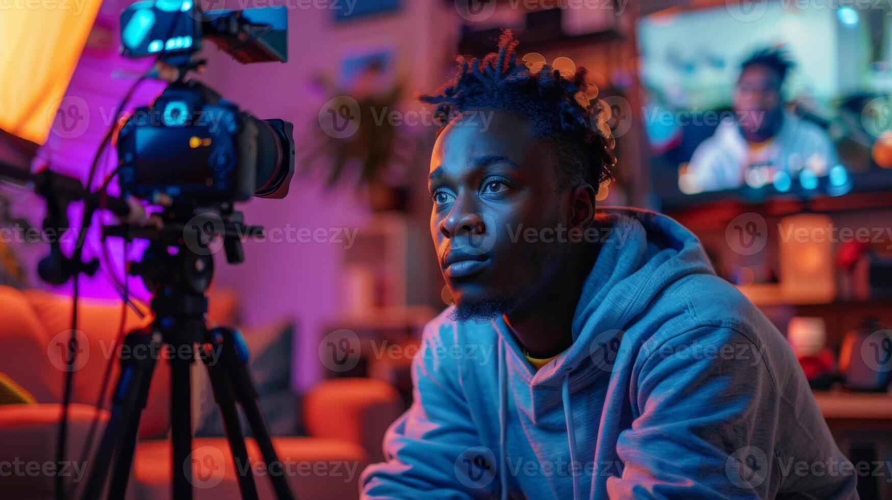 A young man sits intently in a cozy, well lit living space surrounded by cameras and screens, focused on his content creation process late in the evening. photo