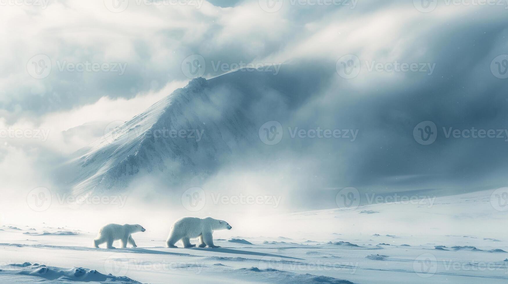 In a cold, snowy environment, two polar bears walk across the landscape with a towering mountain range in the background, embodying the tranquility and harshness of the Arctic wilderness. photo