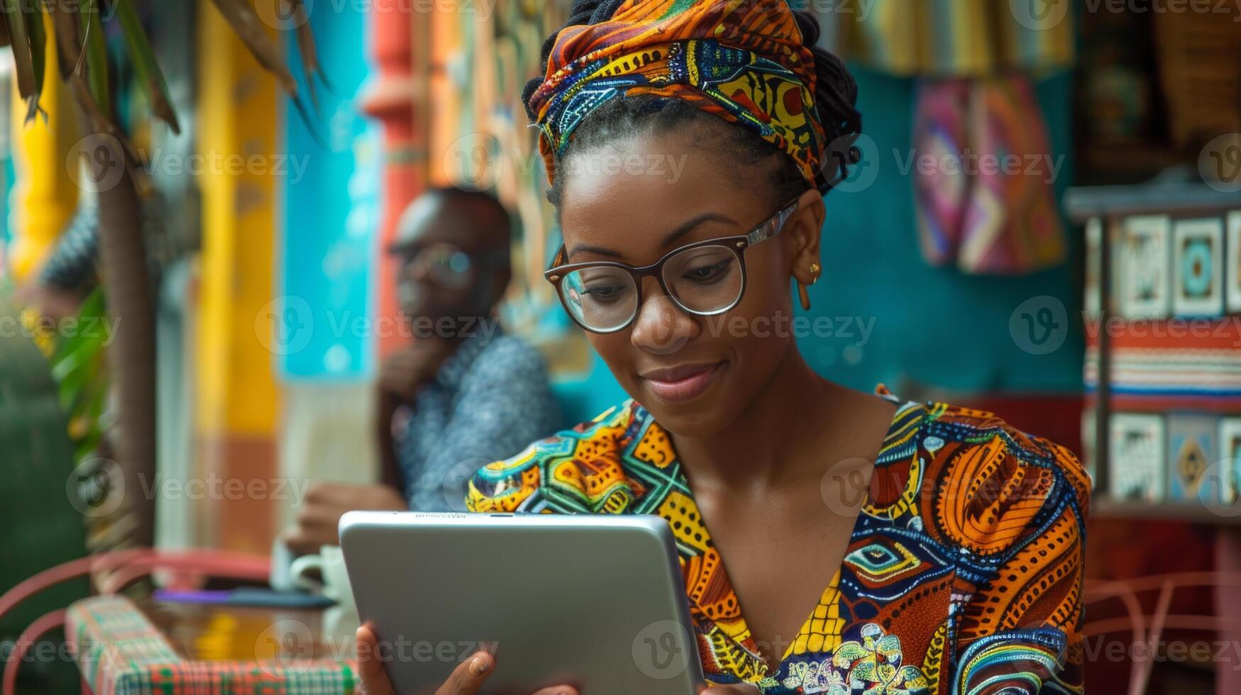 A young woman dressed in a patterned outfit uses a tablet with concentration in a lively cafe. A man in the background appears to watch her, surrounded by bright colors. photo