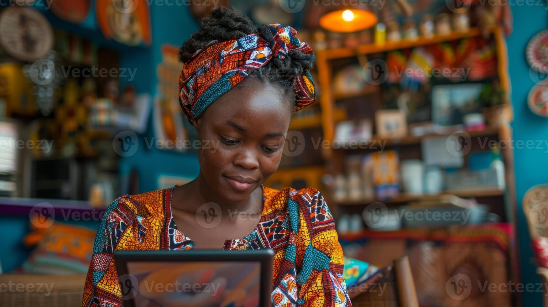 A woman dressed in a bright, patterned outfit focuses intently on a tablet in a lively cafe adorned with handmade decorations. The atmosphere is warm and inviting. photo