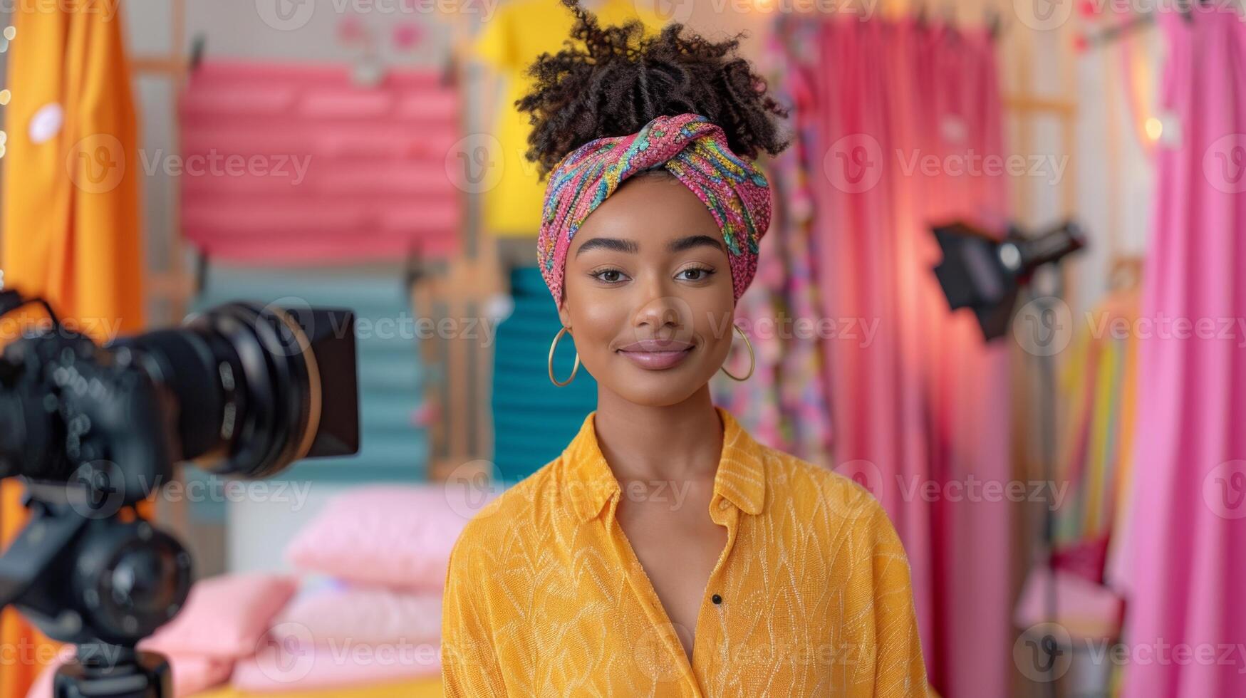 A confident young woman stands in a bright studio adorned with colorful fabrics, ready for a photo shoot. She wears a stylish headwrap and a cheerful top, exuding creativity and positivity.