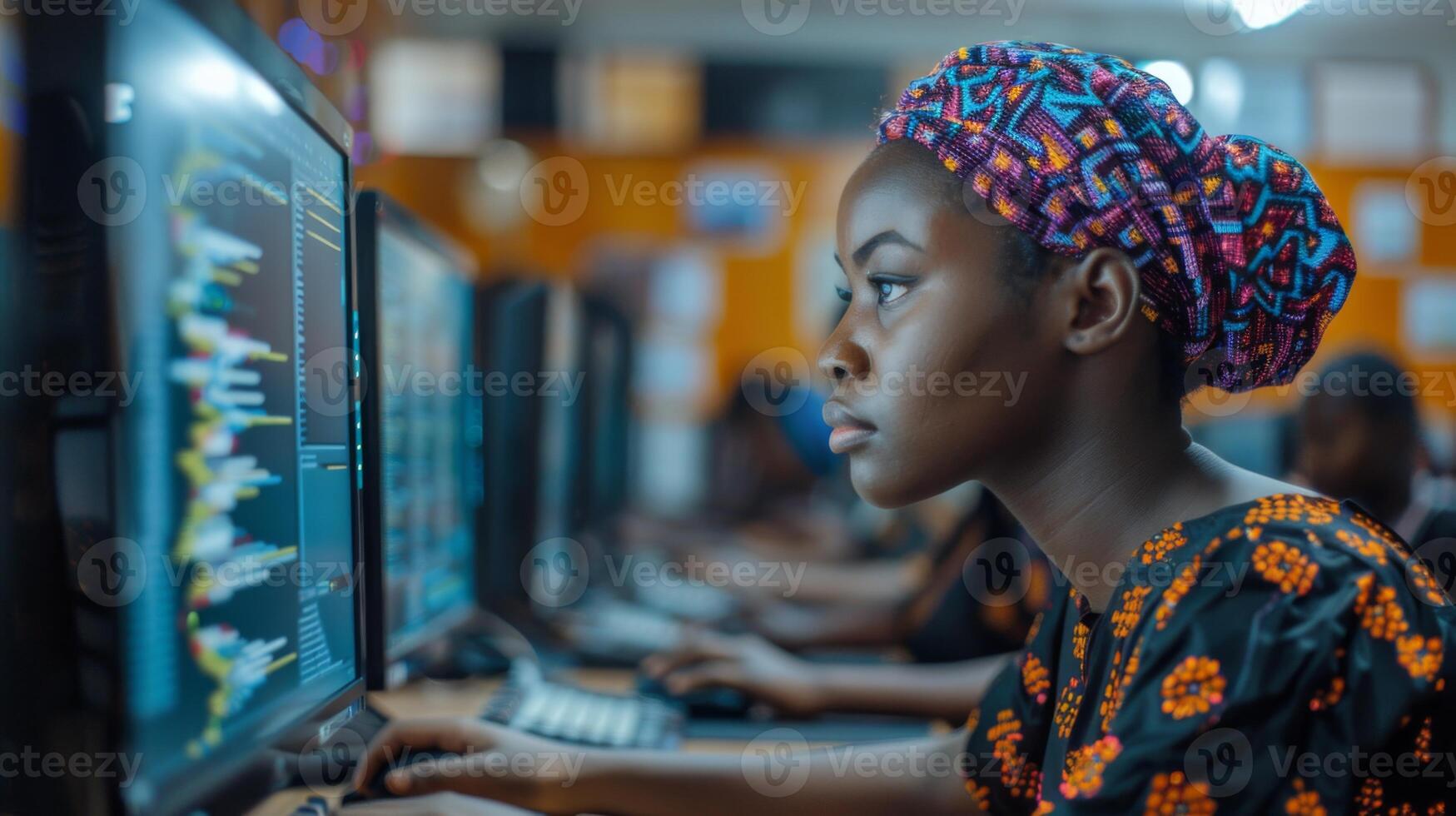 A focused young woman is coding at a computer, showcasing a colorful learning atmosphere filled with fellow students, engaged deeply in technology and programming. photo