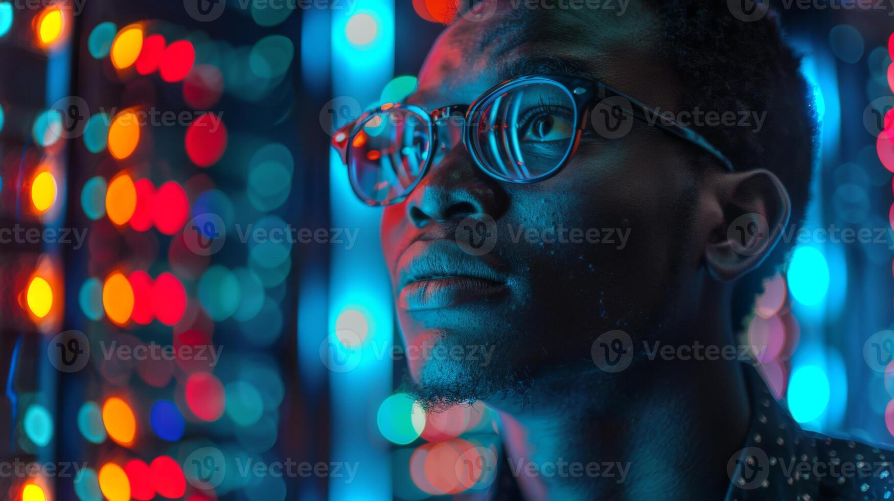 A young man with glasses looks upwards, reflecting an introspective mood, surrounded by vibrant neon lights creating a striking atmosphere in a city at night. photo