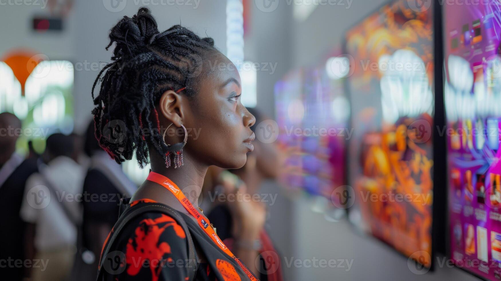 A young woman admires colorful digital artwork on display during an art exhibition, surrounded by other attendees engaged in exploration and appreciation. photo
