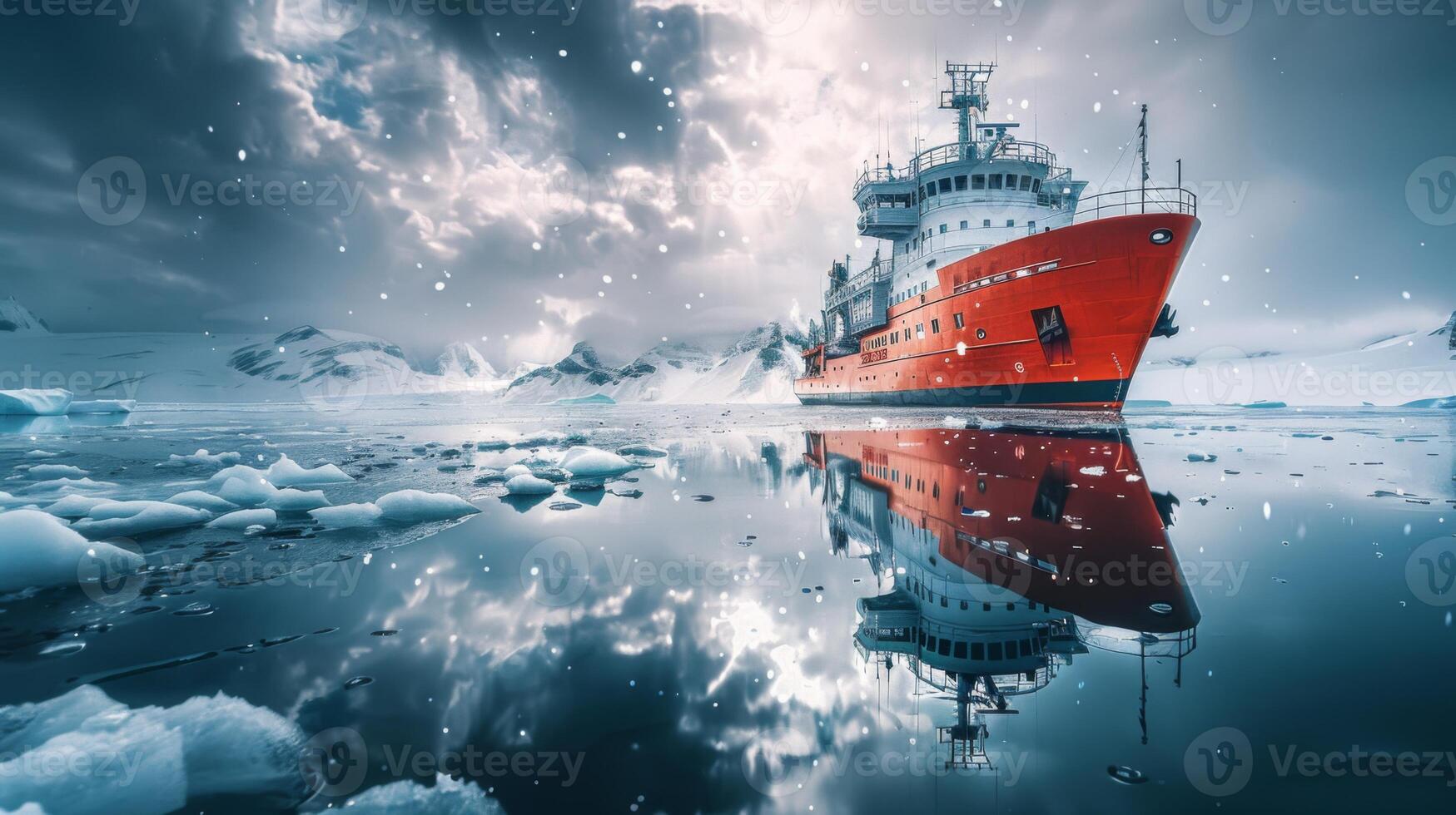 A bright red icebreaker ship is surrounded by icebergs and snow covered water, reflecting beautifully against a cloudy sky filled with snowflakes in a polar region. photo