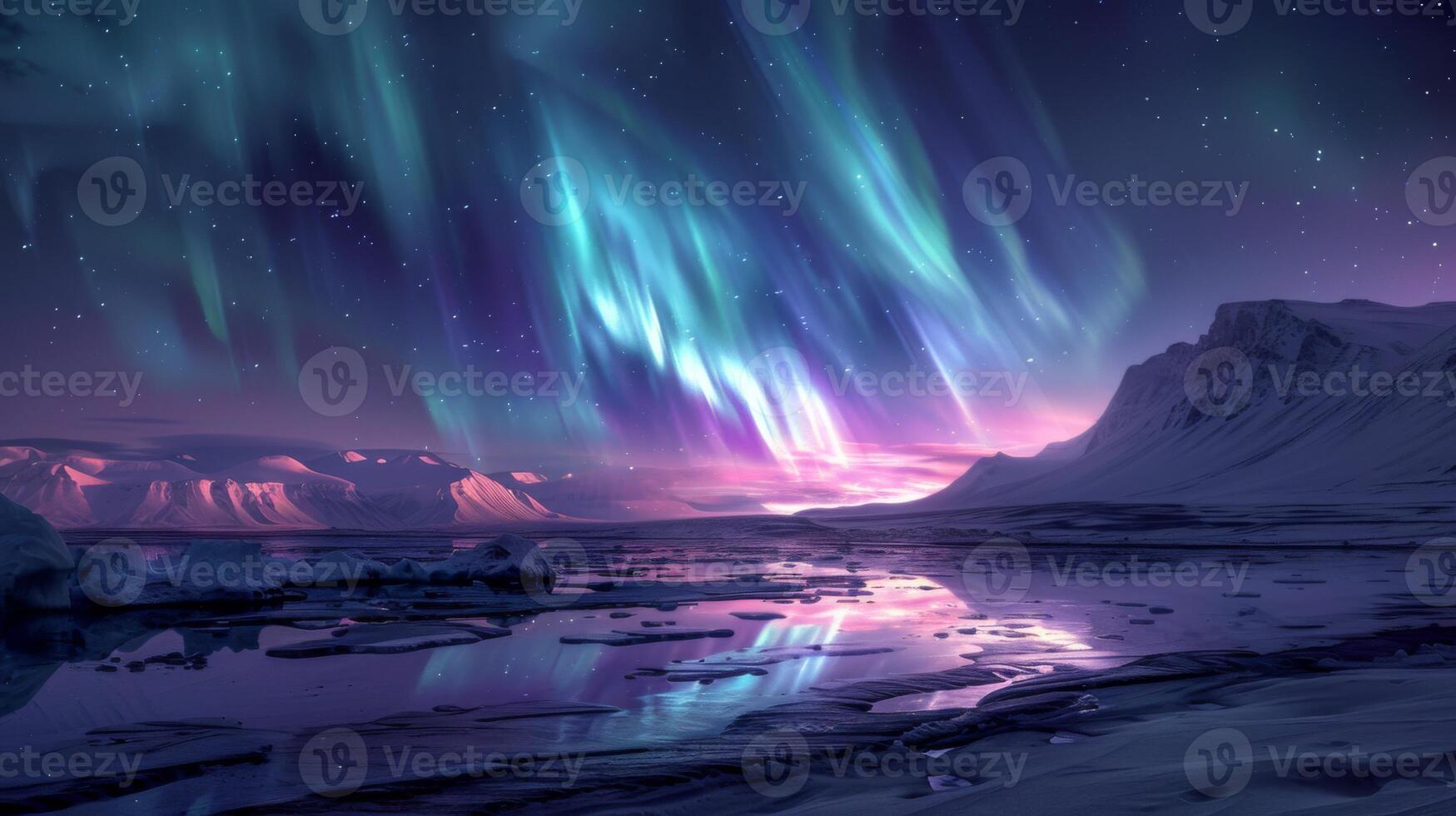Stunning auroras dance above a tranquil lake in Iceland, reflecting vibrant colors on the icy surface while mountains loom in the background under a star filled sky. photo