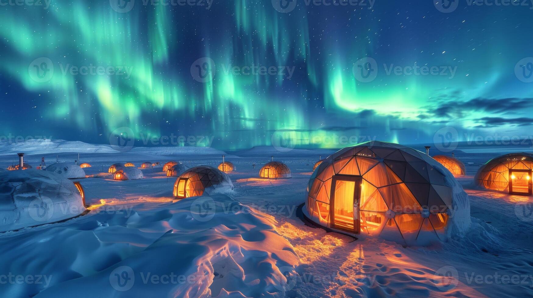 Vibrant auroras dance above cozy igloos filled with warm light, set in a snowy landscape, showcasing the beauty of nature and winter at night in the Arctic region. photo