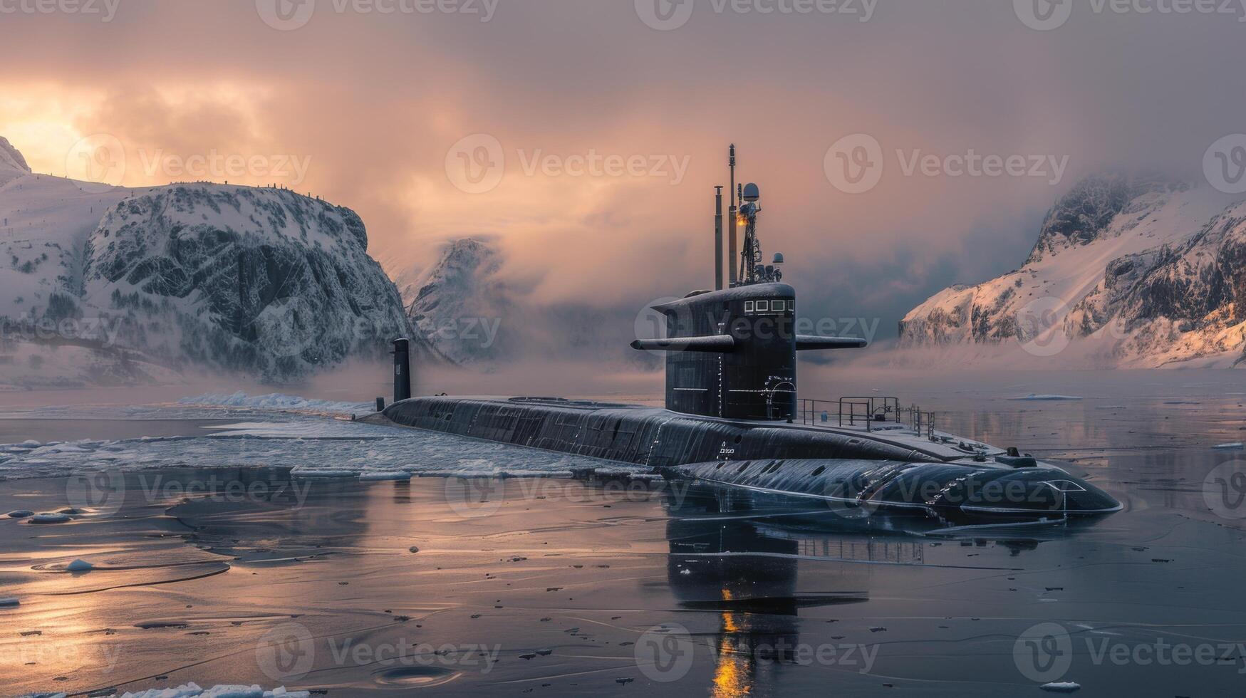 A submarine glides through icy waters at dawn, surrounded by towering snow covered mountains. The tranquil scene contrasts the machine's power with natural beauty. photo