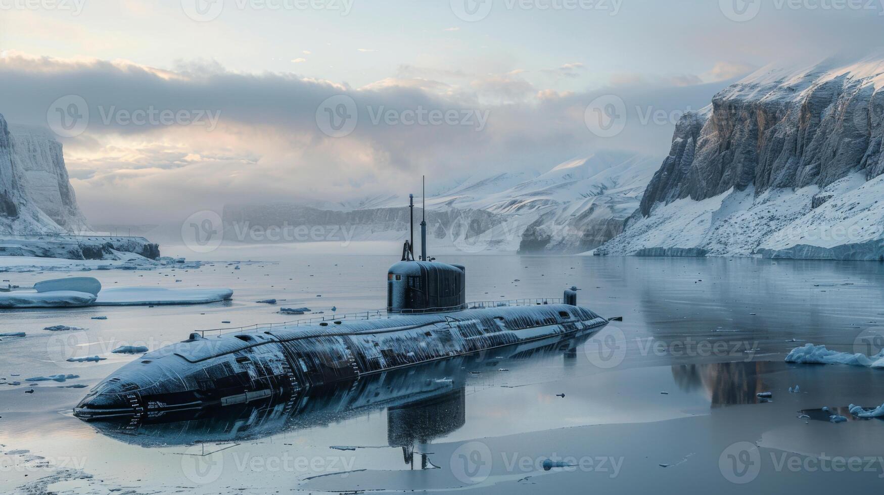 A submarine rises from icy waters in a secluded Arctic setting surrounded by towering cliffs and snow covered landscapes, capturing a moment of exploration at dusk with a serene atmosphere. photo