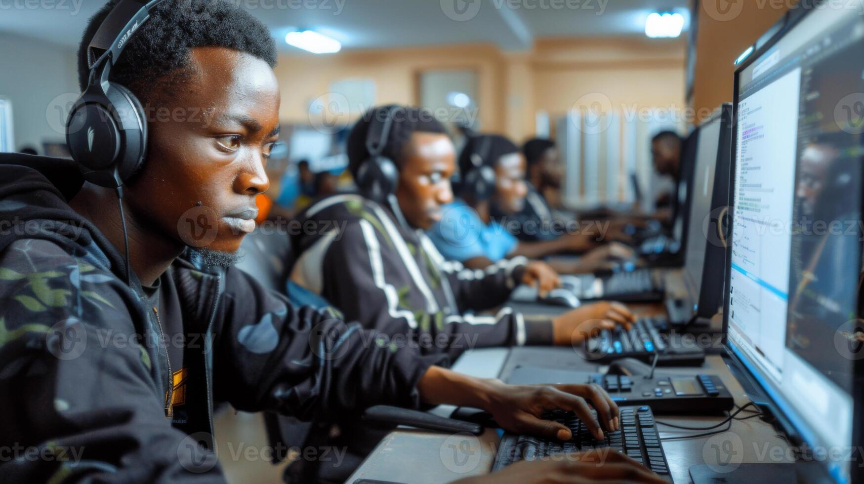 Group of students focused on programming tasks inside a computer lab ...