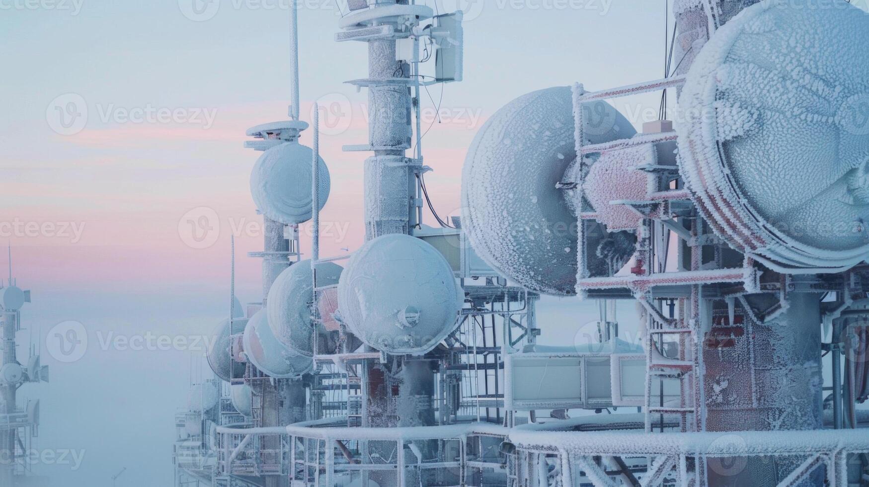 Communication towers are heavily coated with frost, capturing the early morning light in a cold, remote area. The landscape glows softly as the sun begins to rise. photo