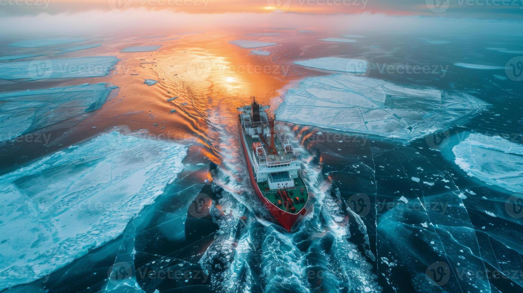 A large vessel makes its way through fragmented ice floes as the sun sets, casting a warm glow over the cold, expansive ocean in a remote polar area. photo