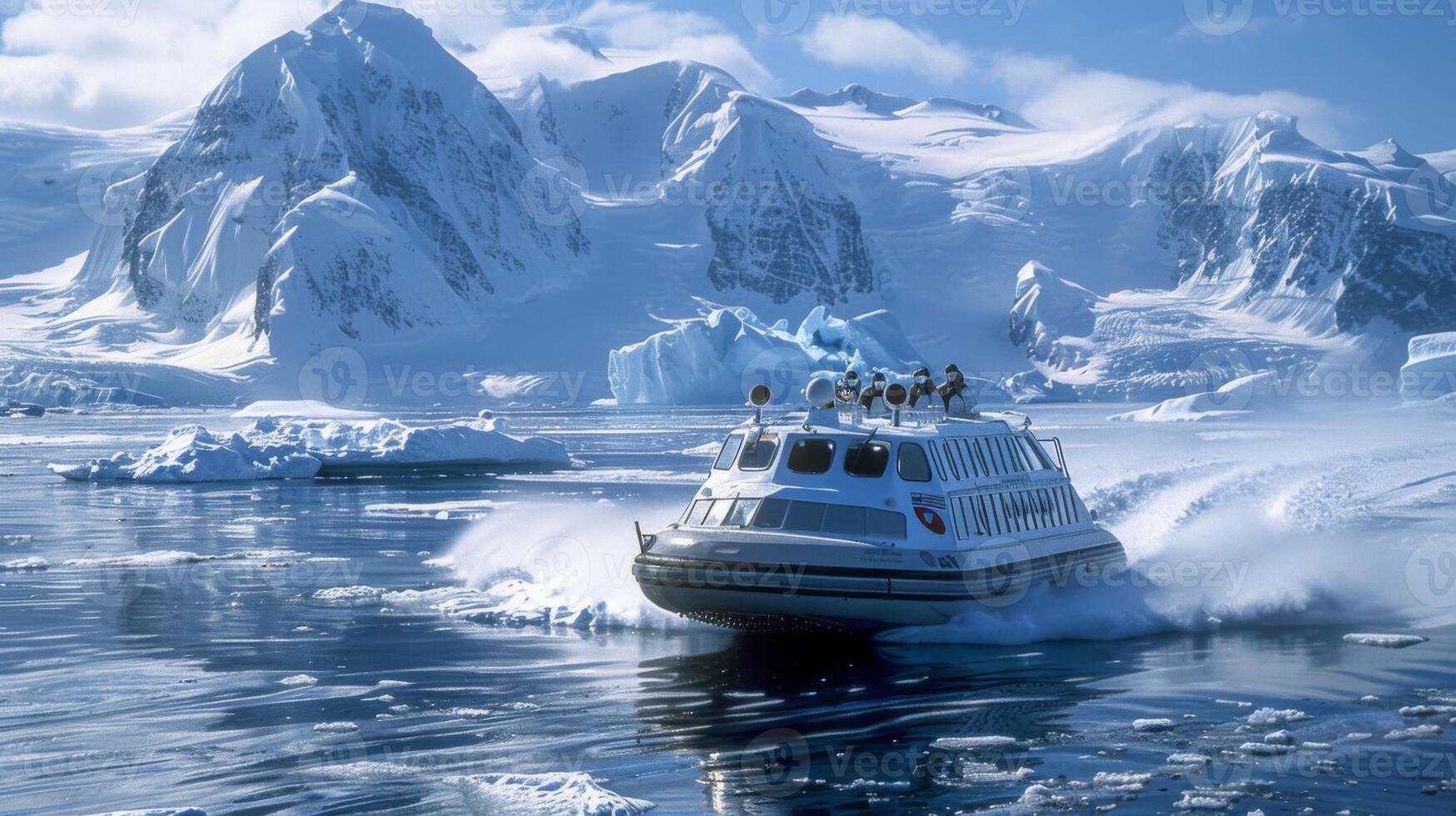 An expedition vessel powers through calm, icy waters surrounded by towering snow capped mountains and glistening glaciers under a clear blue sky. photo